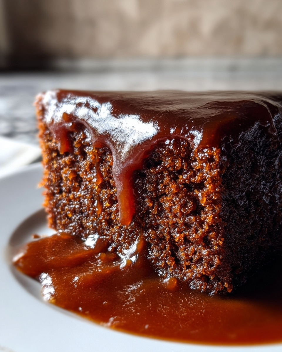 A close-up image of a single slice of dark brown sticky cake on a white plate. The cake shows a dense, moist texture with an evenly crumbed surface. On top, a thick layer of shiny, rich brown syrup drips down the sides, pooling generously around the base on the plate. The background has a soft blur with neutral tones, making the deep, glossy colors of the cake and syrup stand out against a white marbled surface. photo taken with an iphone --ar 4:5 --v 7