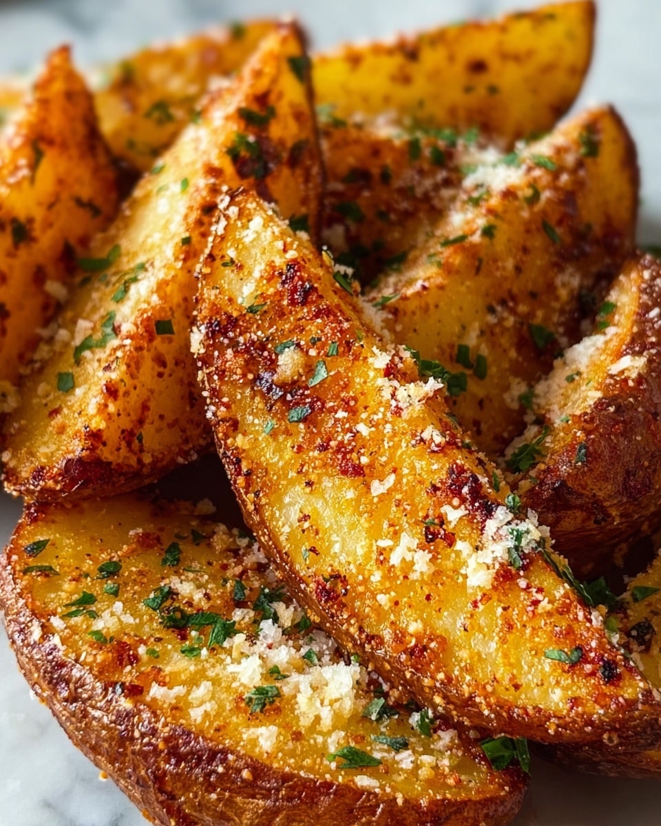 The image shows a close-up of several golden brown potato wedges arranged closely together, each wedge with a crispy, textured surface. The potato skins are still on, showing a rough, browned outer layer. The wedges have a light coating of grated white cheese and small bits of green herbs scattered across the top. The seasoning appears finely ground and reddish-brown, adding a spicy look to the crispy parts. The potato wedges rest on a white marbled surface. Photo taken with an iphone --ar 4:5 --v 7
