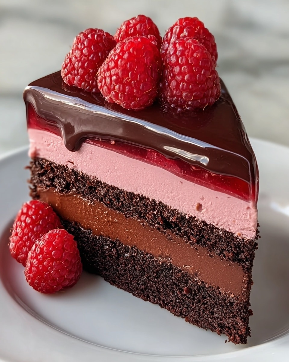 A slice of rich chocolate cake sits on a white plate with a white marbled texture beneath. The cake has four distinct layers: the bottom layer is dense dark chocolate cake, followed by a smooth shiny dark chocolate ganache layer. Above this is a thick, smooth pink mousse layer, topped by a thin, glossy raspberry jelly layer with a few seeds visible. The top cake layer is a moist dark chocolate cake covered with a shiny, slightly dripping chocolate glaze. On top, there is a small pile of fresh, bright red raspberries. The photo taken with an iphone --ar 4:5 --v 7