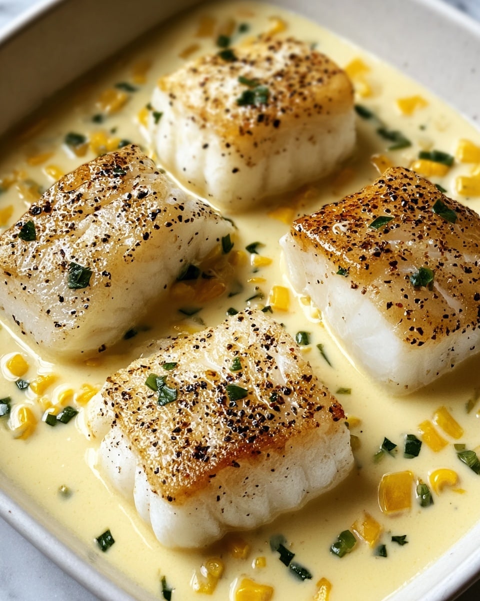 The image shows four pieces of fish fillet with a golden brown, slightly crispy top layer, each sprinkled with black pepper and small green herb bits. The fish fillets have a thick white flesh beneath the browned top. They are arranged in a white dish filled with a creamy, light yellow sauce that has small pieces of green herbs and bright yellow corn kernels scattered throughout. The dish sits on a white marbled surface, giving a clean and fresh look. photo taken with an iphone --ar 4:5 --v 7