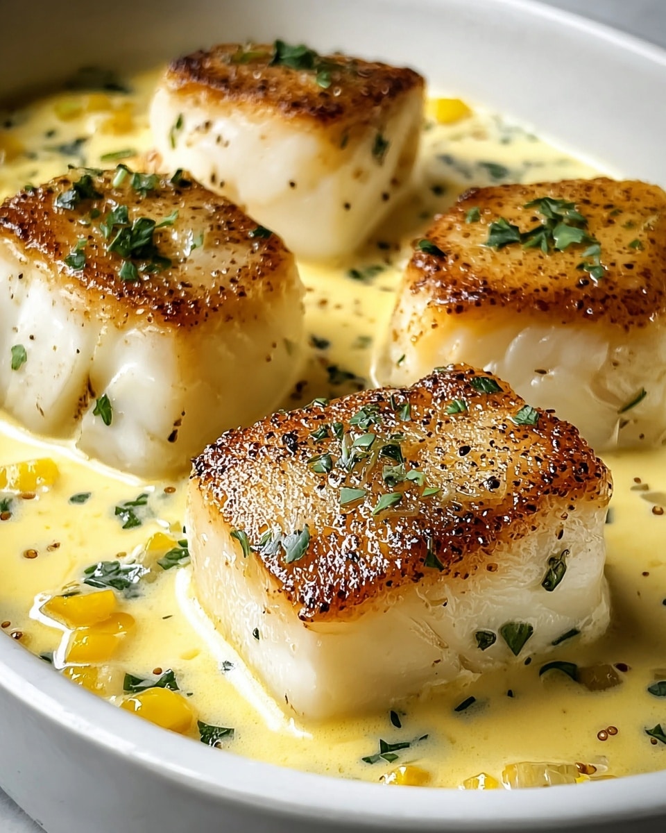 The image shows several thick, square pieces of white fish with a golden-brown seared top layer on a creamy yellow sauce. The sauce is speckled with small green herb leaves and chunks of yellow pieces, likely lemon or another citrus. The fish pieces are arranged close together in a white dish, with the sauce pooling around them, adding a smooth and glossy texture. The fish surface looks slightly crispy, contrasting with the soft sauce and herb garnish. The background is a white marbled texture. photo taken with an iphone --ar 4:5 --v 7