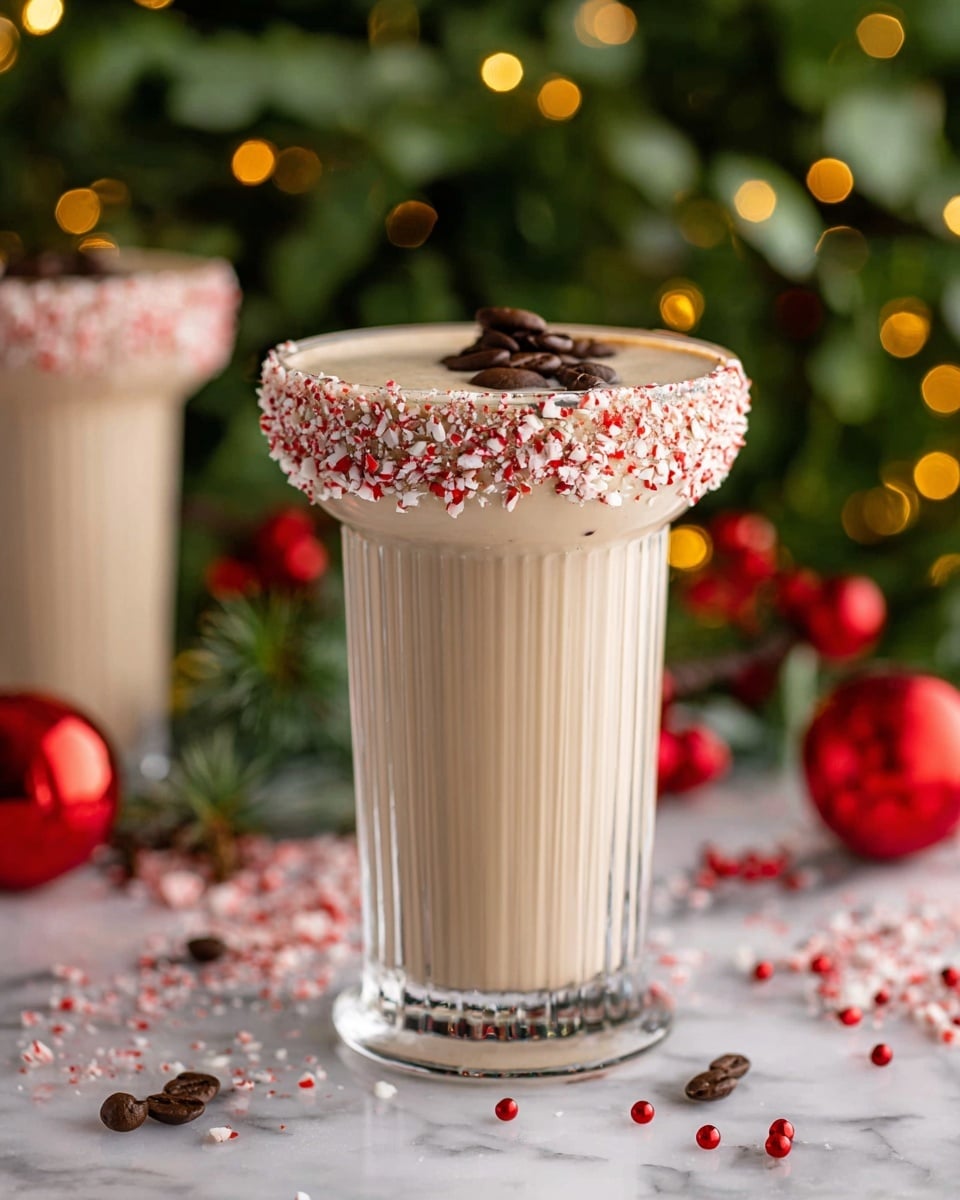 A clear, tall glass with a ridged texture is filled with a creamy, light beige drink. The rim of the glass is covered with crushed red and white peppermint pieces. On top of the creamy liquid, there are several dark coffee beans floating. The glass stands on a white marbled surface scattered with small red Christmas ornaments, candy canes, and coffee beans. The background is green foliage decorated with warm yellow fairy lights. Photo taken with an iphone --ar 4:5 --v 7