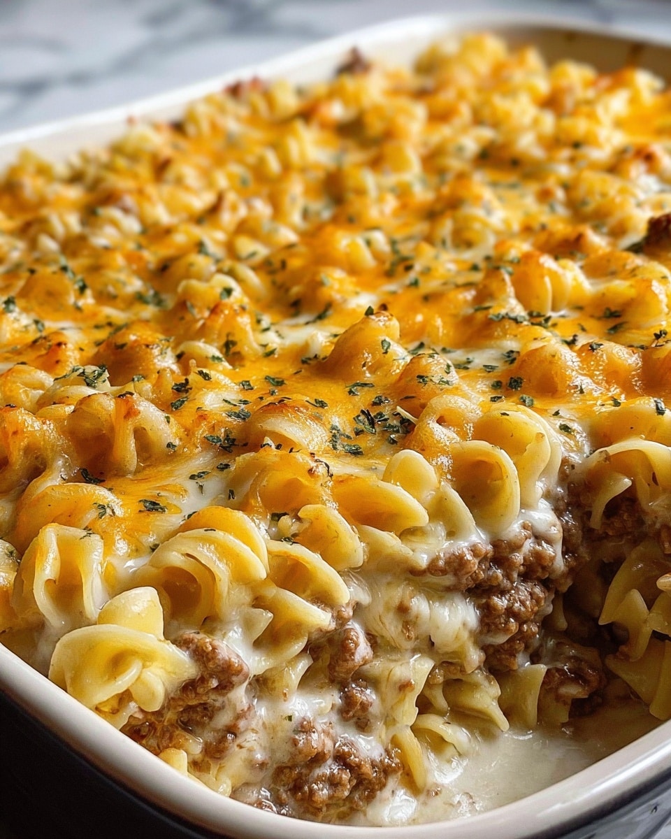 The image shows a close-up of a baked pasta dish with three visible layers: a base layer of wavy, light yellow pasta noodles, a middle layer of ground brown meat mixed with creamy white sauce, and a top layer of melted cheese that is a mix of golden yellow and light cream colors, sprinkled with small green herbs. The pasta looks soft and tender, with the cheese bubbling slightly on top. The dish is in a white baking dish, and the background is a white marbled texture. photo taken with an iphone --ar 4:5 --v 7