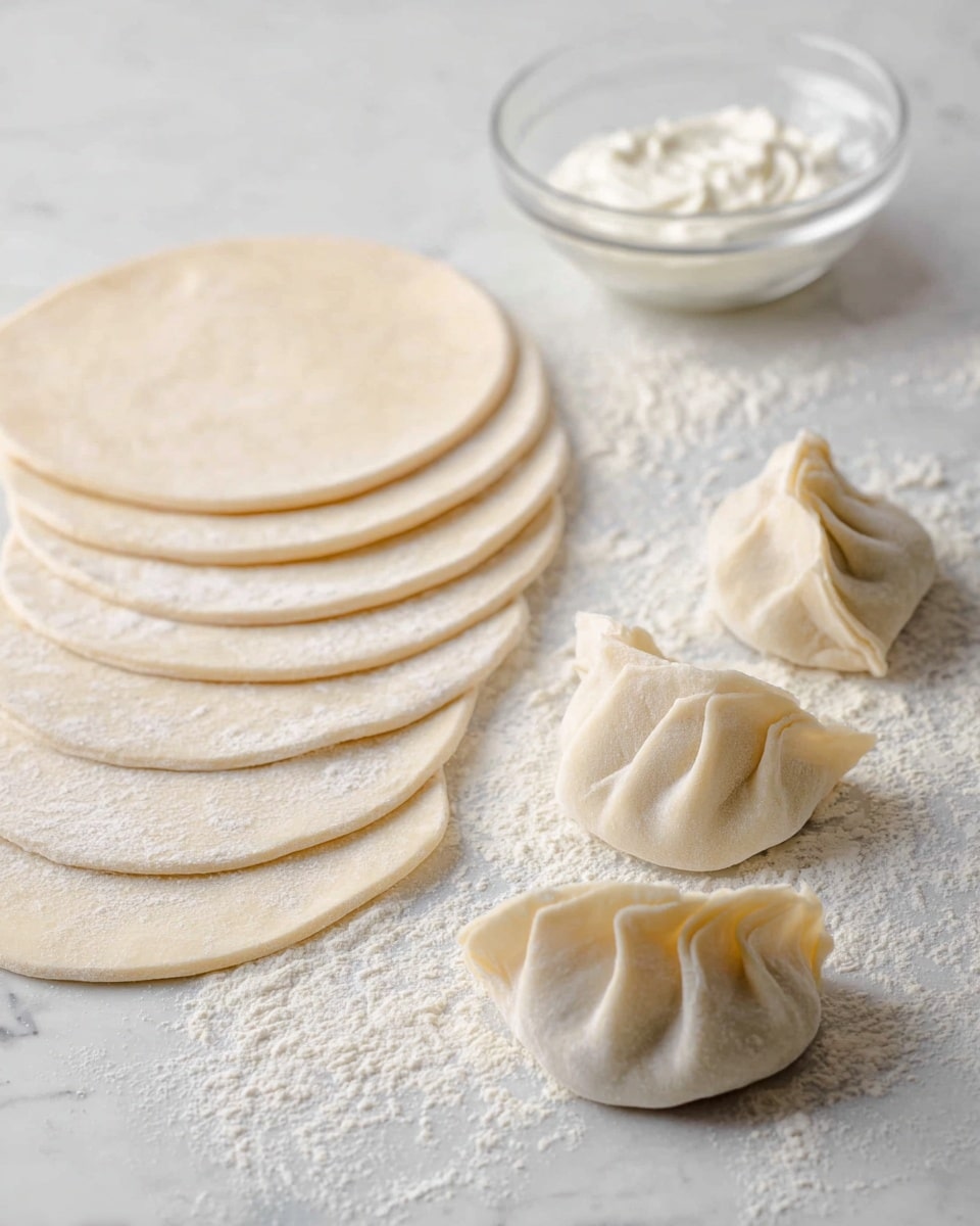 The image shows a set of thin, round dough sheets arranged in a slightly overlapping row on a white marbled surface, dusted lightly with flour. Three dumplings, two neatly folded with visible pleats and one folded simply, sit to the right of the dough sheets. Behind the dumplings is a clear glass bowl containing a white creamy mixture, possibly a filling or dip. The dough sheets have a pale beige color with a soft, smooth texture, while the folded dumplings have gentle folds and a slightly thicker appearance at the edges. photo taken with an iphone --ar 4:5 --v 7