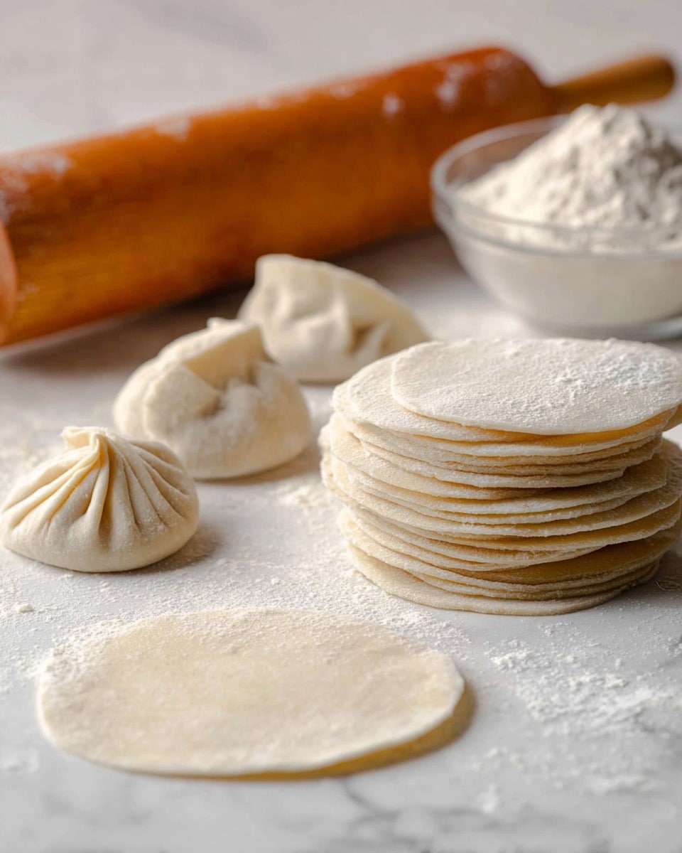 The image shows a stack of thin, round dough pieces in the foreground on a white marbled surface dusted with flour, with one flattened dough piece laid out nearby. Behind the stack are three dumplings in different stages of folding, two with pleated edges and one simple fold, all light beige in color with a smooth, soft texture. In the background, a rolling pin with a warm wooden tone lies horizontally next to a small glass bowl filled with flour. The scene is well-lit, highlighting the soft, powdery texture of the dough and the neat folds of the dumplings. photo taken with an iphone --ar 4:5 --v 7