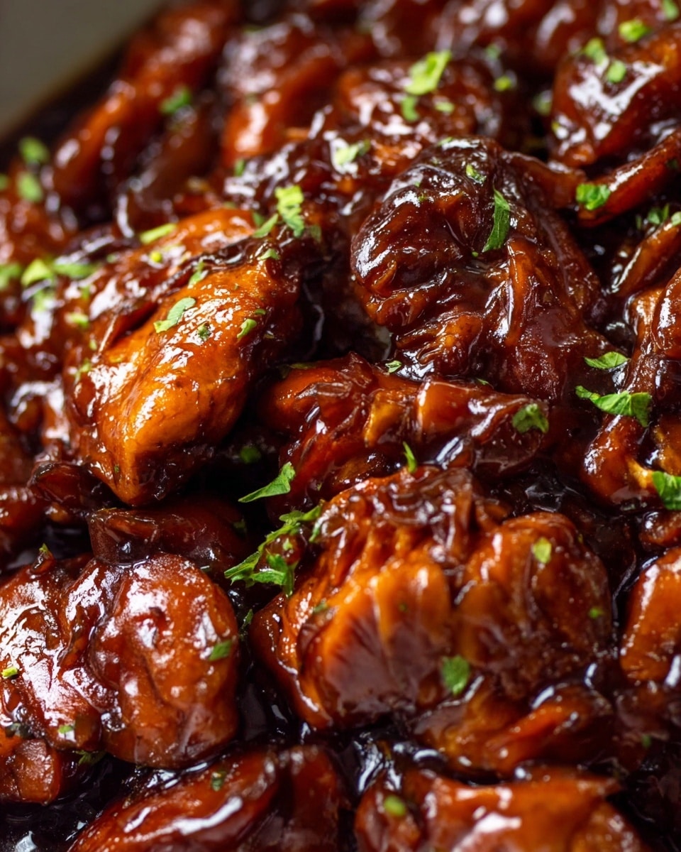 The image shows a close-up view of glazed chicken pieces with a shiny, thick, dark brown sauce covering them evenly. The chicken pieces are of irregular shapes and sizes, layered on top of each other. Small green chopped herbs are scattered across the top, adding a bit of contrast to the rich, glossy sauce. The texture of the chicken looks tender and moist, with the sauce reflecting light to enhance the juicy appearance. The background is a white marbled texture. Photo taken with an iphone --ar 4:5 --v 7
