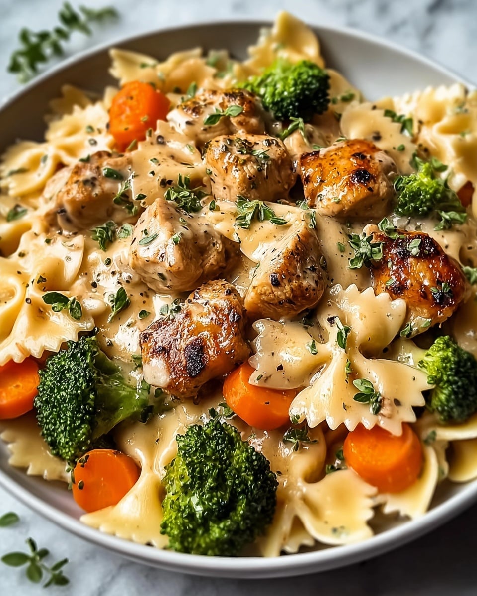 A white plate filled with cooked bow-tie pasta covered in a creamy beige sauce, topped with browned, tender chicken pieces scattered evenly across the dish. Bright orange carrot slices and vibrant green broccoli florets are mixed throughout, adding pops of color. Small green herb leaves are sprinkled on top for garnish, contrasting with the smooth sauce and textured vegetables. The white marbled surface beneath the plate adds a clean and fresh look. photo taken with an iphone --ar 4:5 --v 7