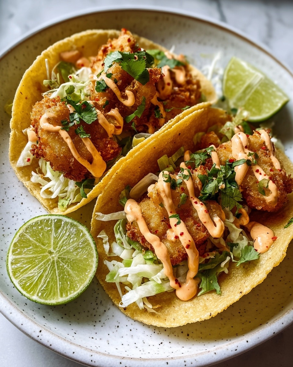 Two tacos sit side by side on a white plate with a light speckled pattern, resting on a white marbled surface. Each taco has a yellow corn soft shell filled with a base layer of shredded pale green cabbage, topped with crispy golden brown fried pieces that look crunchy. On top of the fried pieces is a drizzle of light orange creamy sauce with small red specks. Fresh green chopped cilantro is scattered over everything. A thick slice of green lime rests on the side of the plate. photo taken with an iphone --ar 4:5 --v 7