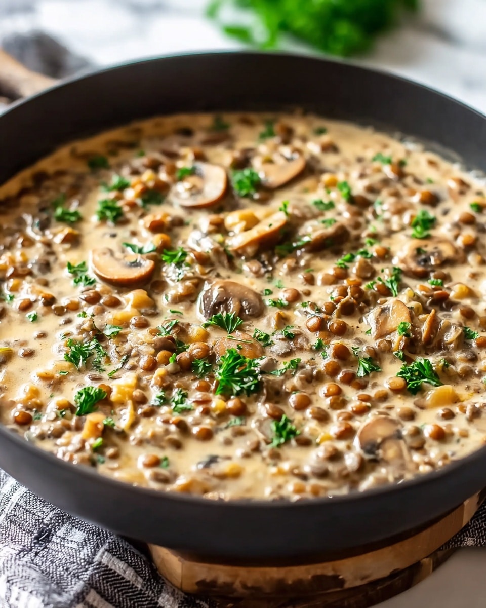 A close-up of a black pan filled with a creamy dish that has small round lentils and sliced mushrooms mixed into a pale beige sauce. Scattered bright green parsley leaves are placed on top, adding contrast to the light cream and brown colors of the food. The pan sits on a stacked wooden block with a grey and white striped cloth underneath, all set against a white marbled surface with a blurred green background. The texture looks thick and smooth with small bits of lentils and mushrooms visible throughout. photo taken with an iphone --ar 4:5 --v 7
