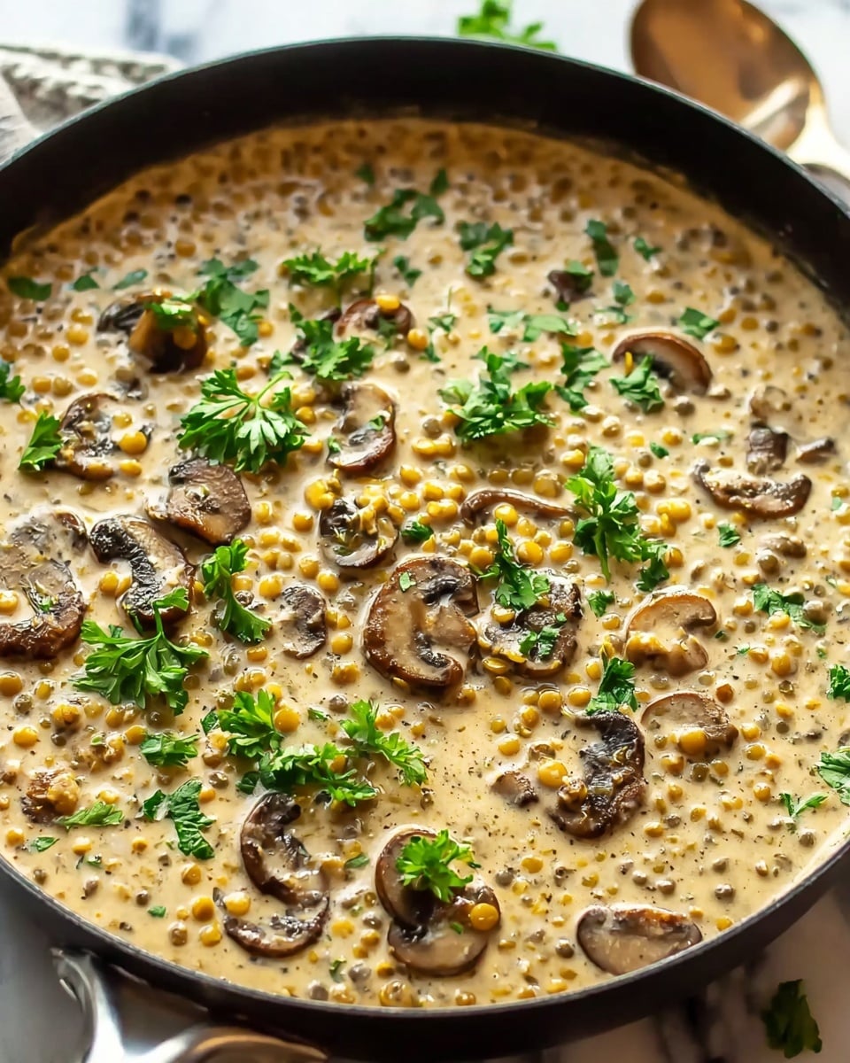 A close-up view of a black pan filled with a creamy sauce containing small yellow lentils and thinly sliced brown mushrooms, scattered with fresh green parsley leaves on top. The creamy sauce is light beige with a smooth texture, dotted with lentils and mushrooms evenly spread throughout. The pan handles and a bit of a white marbled surface underneath are visible around the edges. Photo taken with an iphone --ar 4:5 --v 7