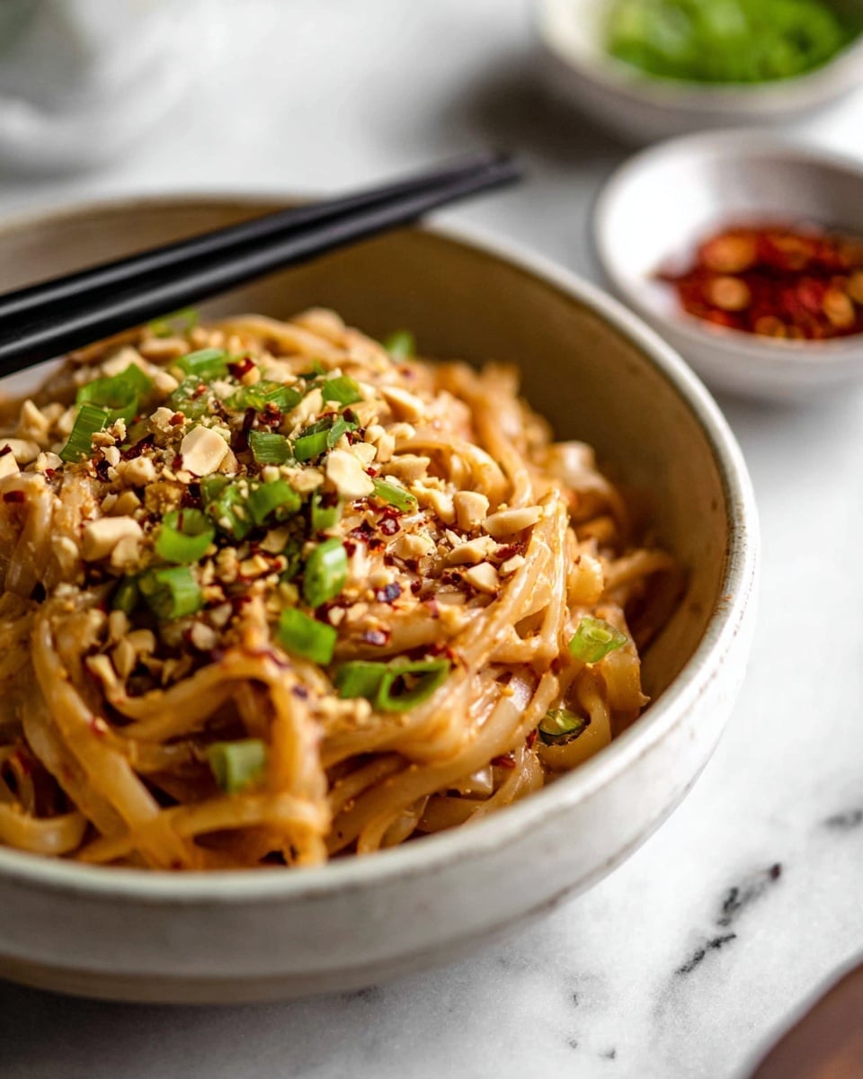 A close-up view of a white ceramic bowl filled with creamy, light brown noodles covered in rich sauce, topped with chopped green onions, crushed peanuts, and red chili flakes. The noodles have a smooth, slippery texture and some curling twists, with the sauce closely coating each strand. Two black chopsticks rest on the bowl's edge, set on a white marbled surface. In the softly blurred background, there are two small white bowls containing red chili flakes and green onions. Photo taken with an iphone --ar 4:5 --v 7