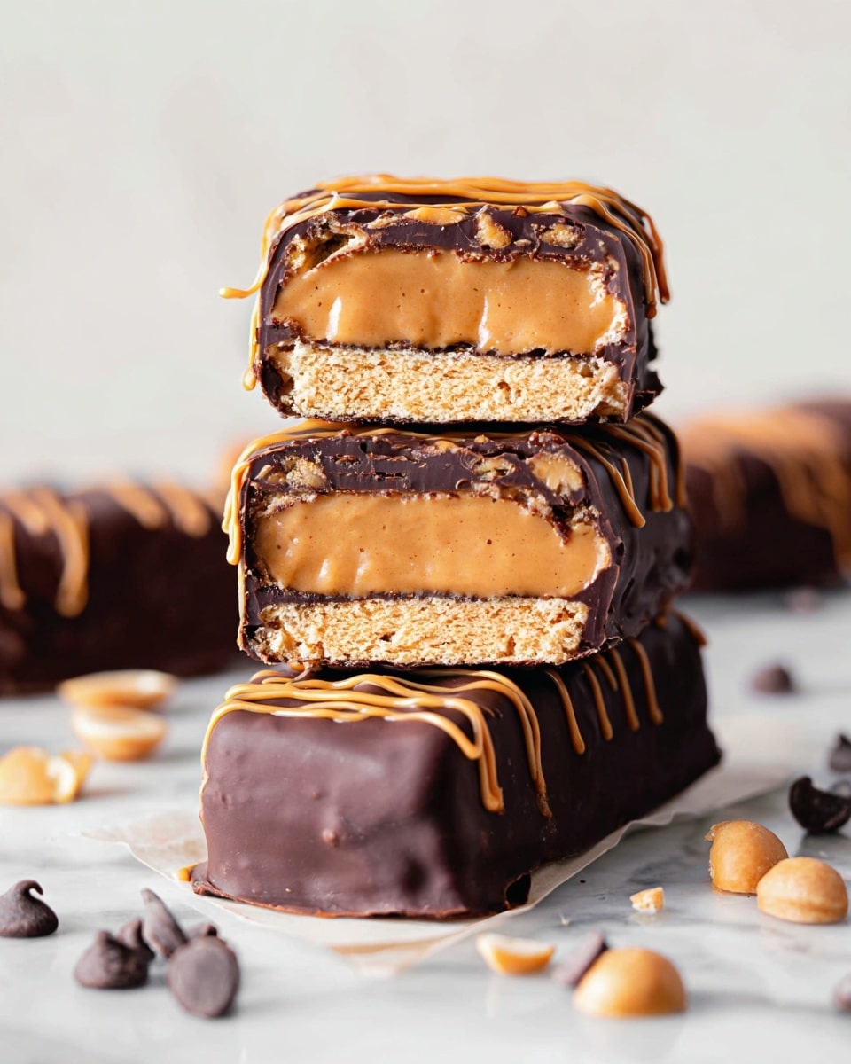 A stack of two chocolate-covered bars on a white marbled surface, each bar decorated with smooth, light brown peanut butter drizzle on top of a dark chocolate coating. The top bar is cut in half and stacked on the lower whole bar, showing three distinct layers inside: a light brown peanut butter center sandwiched between two thin, crumbly biscuit layers, all coated with a rich dark chocolate outer layer. Small chocolate chips and peanuts are scattered around the base of the stack. Photo taken with an iphone --ar 4:5 --v 7