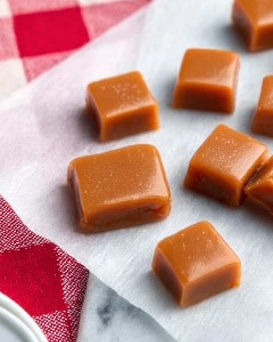 The image shows a white marble surface with a piece of soft caramel candy on white parchment paper. Around the main caramel block, there are small square caramel pieces, some stacked slightly, with a smooth, shiny, and glossy brown surface, indicating their softness. They have a rich caramel color with a slightly darker edge. In the bottom left corner, part of a white plate with a red checkered cloth is visible. The overall lighting is natural and bright, highlighting the texture and color of the caramels. Photo taken with an iphone --ar 4:5 --v 7