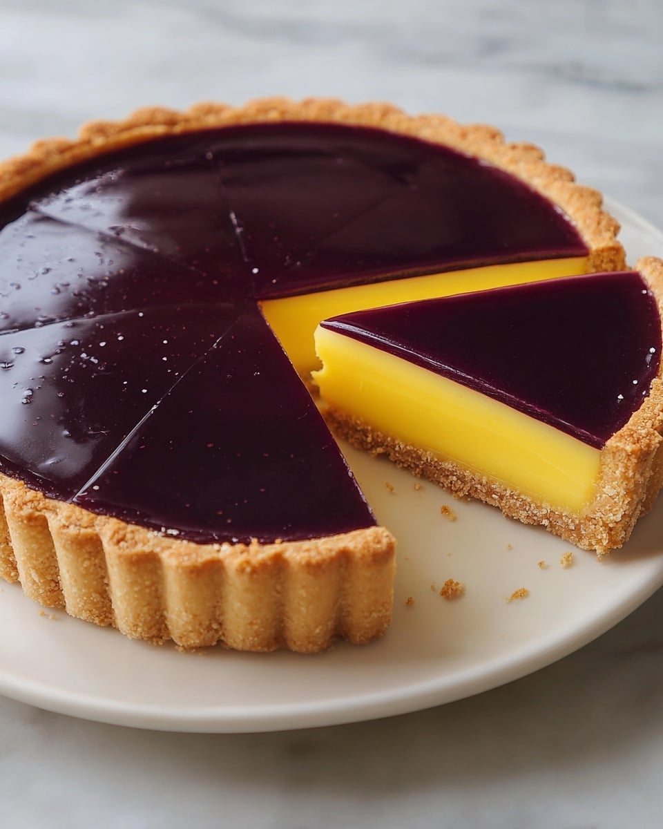 The image shows a tart with three distinct layers set on white marbled surface. The bottom layer is a light brown, crumbly crust that holds the tart together with a fluted edge. Above it is a thick, smooth, and bright yellow custard layer that looks creamy and rich. The top layer is a glossy, deep purple gel-like glaze, evenly spread and reflecting light with a shiny finish. One slice is removed, revealing the bright yellow middle layer and the contrast between the dark purple topping and the crust. The tart sits on a round white plate. Photo taken with an iphone --ar 4:5 --v 7
