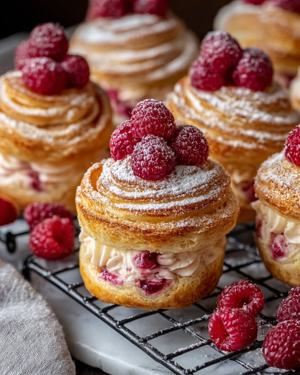 The image shows several cupcakes arranged on a black metal cooling rack placed over a white marbled surface. Each cupcake has multiple layers of light golden-brown flaky pastry with swirls showcasing a creamy, pale pink filling mixed with bits of red fruit, giving a soft texture between the layers. On top of each cupcake, there are one or two fresh, bright red raspberries dusted with a light white powder of powdered sugar. Extra raspberries and crumbs are scattered around the rack, and a light gray cloth can be seen folded in the lower part of the image. photo taken with an iphone --ar 4:5 --v 7