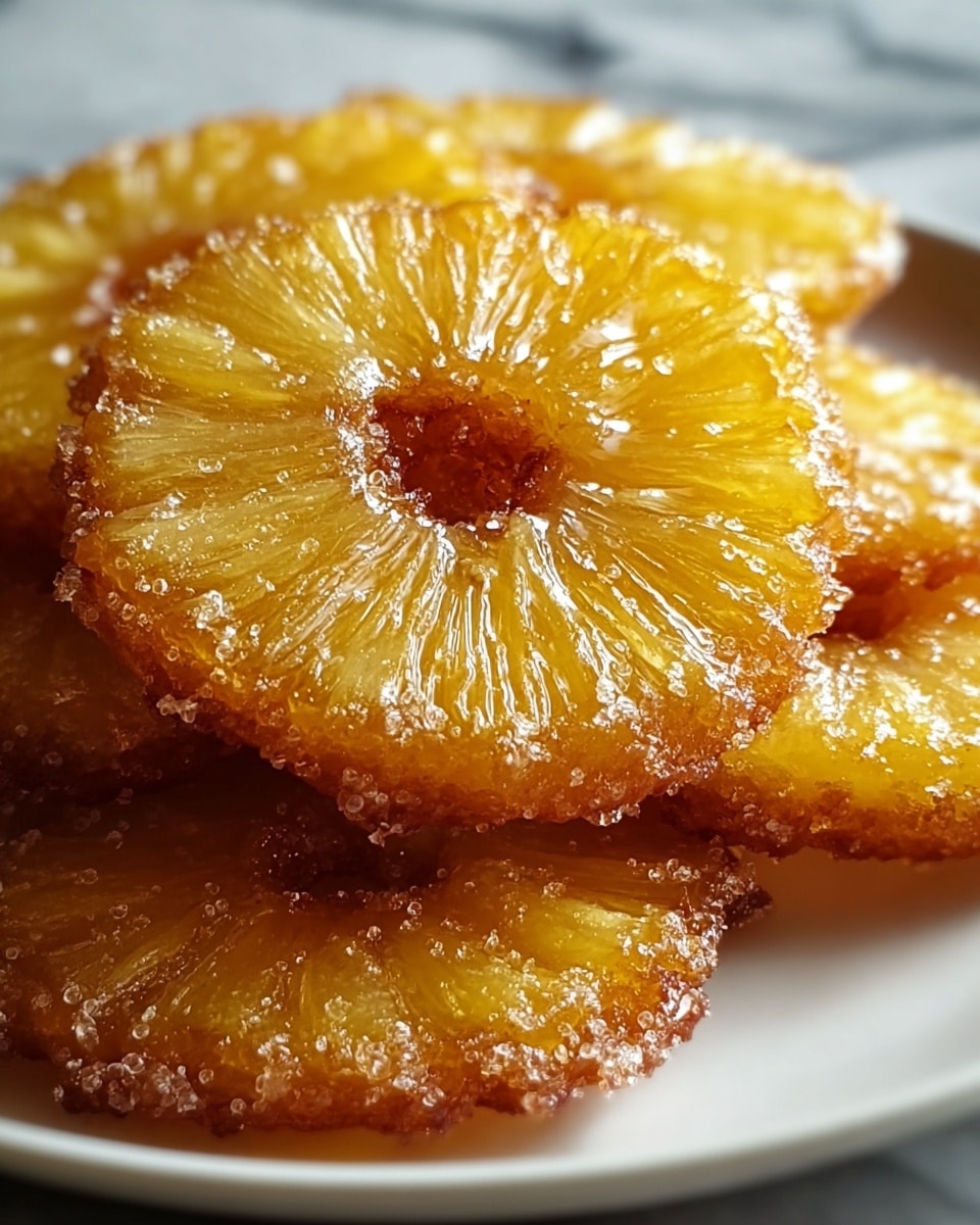 A close-up of several round, thin slices of golden pineapple fritters stacked on a white plate, each slice having a glossy, translucent yellow pineapple center with clearly visible fibrous texture, and edges that are crisp, deep golden brown with a sugary coating sparkling softly. The layers are overlapping slightly, creating a warm, inviting look against a soft white marbled texture background. photo taken with an iphone --ar 4:5 --v 7