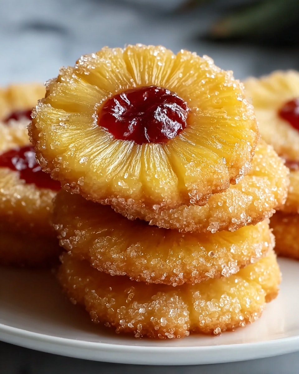 A close-up view of a stack of four round pineapple cookies on a white plate, each cookie having a golden yellow pineapple slice embedded in the center. The pineapple slices have a glossy texture, surrounded by a thin, crispy cookie layer coated in sparkling sugar crystals on the edges. The center of each pineapple slice is filled with a small dollop of red jam, creating a bright contrast. The background has a soft focus with a white marbled surface underneath the plate. photo taken with an iphone --ar 4:5 --v 7