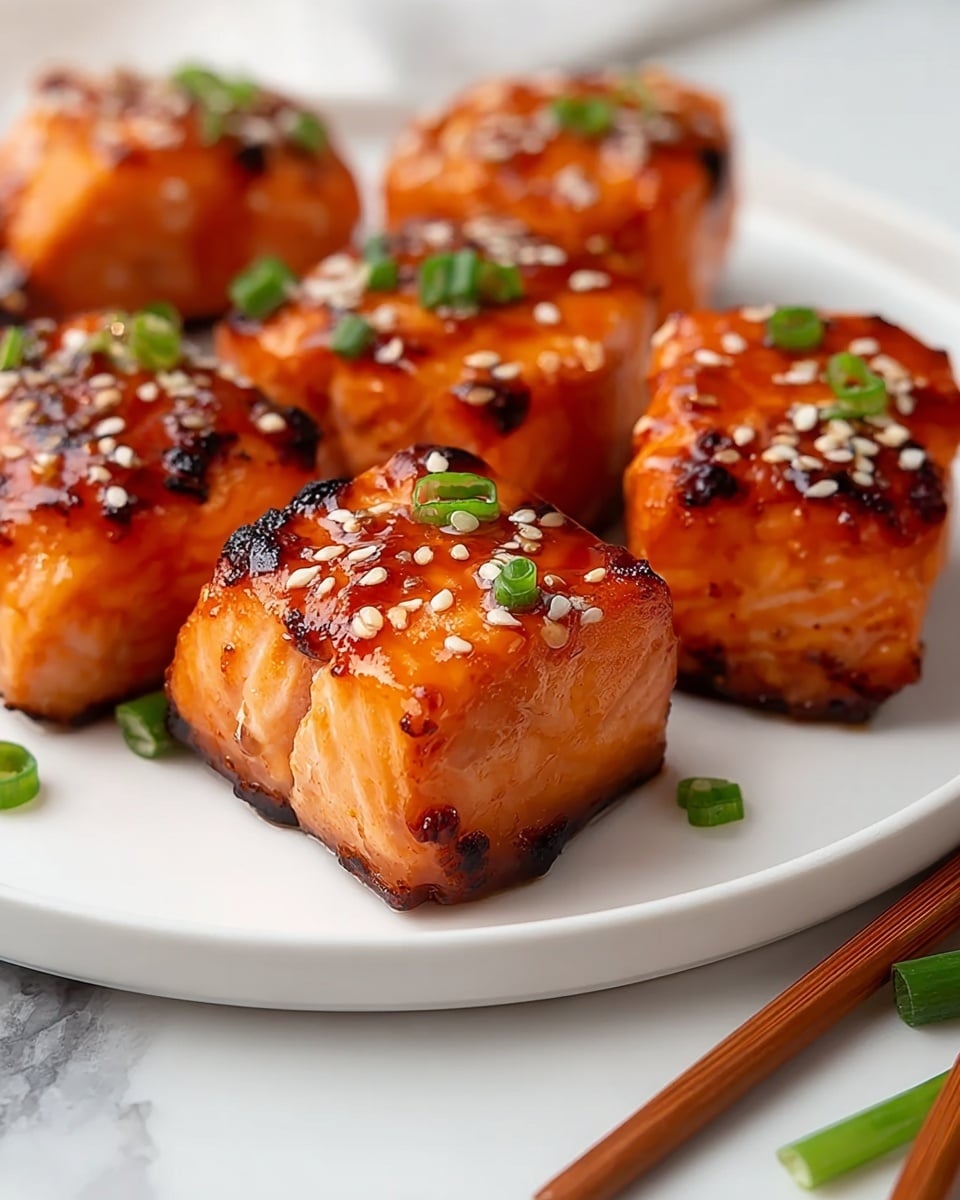 The image shows a close-up of six pieces of grilled salmon, each piece square shaped with a shiny, caramelized orange glaze on top. The glaze is topped with toasted sesame seeds and small chopped green onions, adding texture and color contrast. The salmon’s surface looks slightly charred in places, showing a crispy exterior with soft, flaky layers beneath. The salmon pieces are placed neatly on a white plate, which sits on a white marbled surface. A pair of wooden chopsticks and a few green onion pieces are also visible near the plate. The photo taken with an iphone --ar 4:5 --v 7