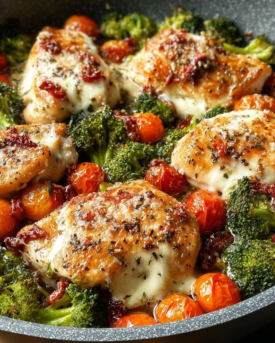 The image shows a close-up of a cooked dish in a pan with several pieces of golden-brown chicken topped with melted white cheese. The chicken is surrounded by bright green broccoli florets and softened, roasted cherry tomatoes that range from deep red to orange. The dish is sprinkled with cracked black pepper and grated cheese, adding texture and contrast. The pan has a dark gray non-stick surface, and the food looks juicy and well-seasoned with a mix of smooth, creamy cheese and slightly charred vegetables. photo taken with an iphone --ar 4:5 --v 7