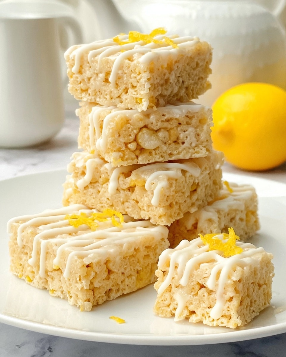 A close-up view of a stack of five light yellow, crispy cereal bars arranged in layers on a white plate, each bar square-shaped with a rough, textured surface. The bars are generously drizzled with smooth, white icing that lightly flows down the sides, giving a glossy appearance. Small pieces of yellow zest are scattered on the top bar and the small bar sitting on the plate to the right, adding a pop of color. The background is a white marbled texture, with a white teapot and a bright yellow lemon softly blurred in the background. photo taken with an iphone --ar 4:5 --v 7