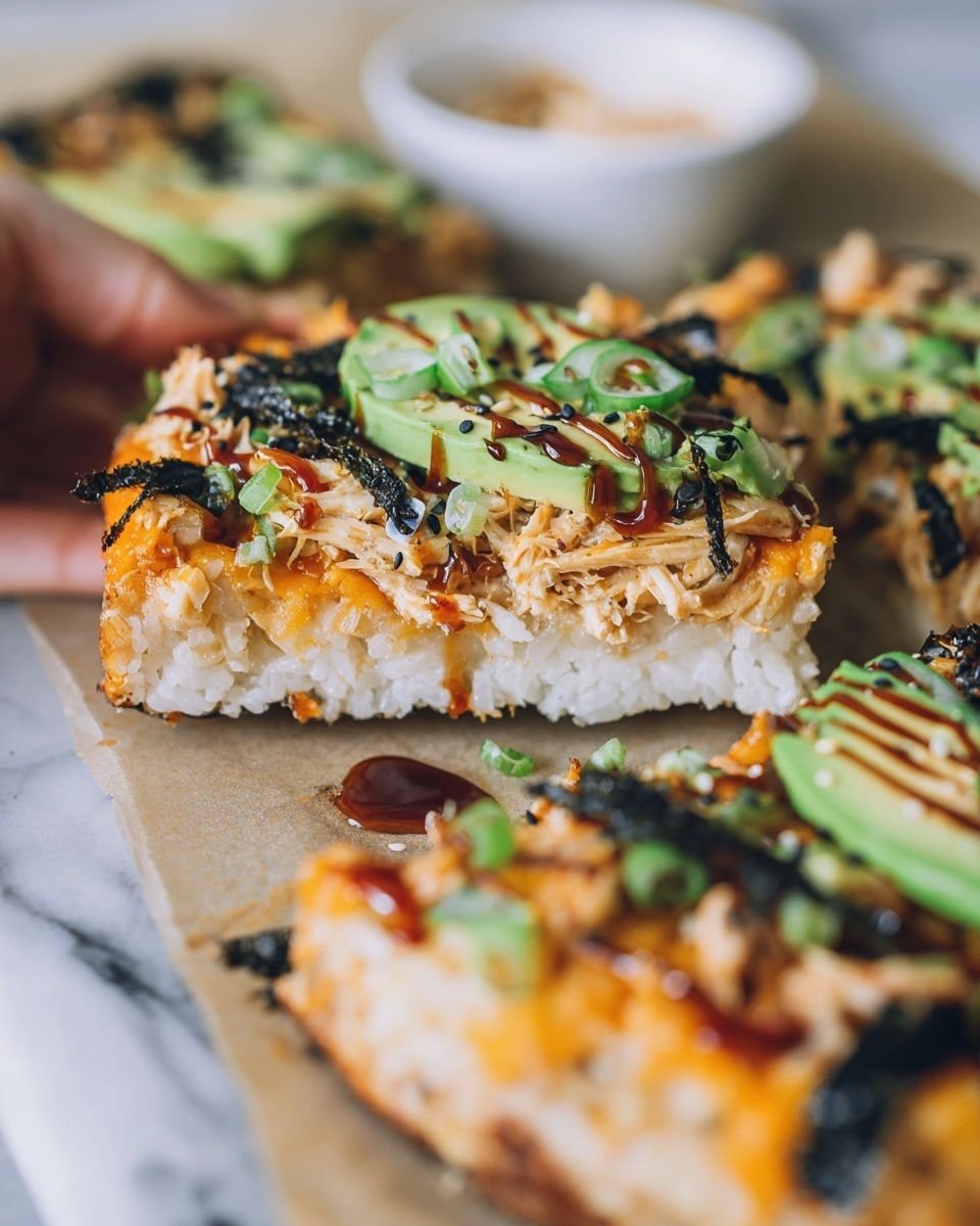 The image shows a close-up of a slice of sushi pizza resting on a white marbled surface. The base layer is white rice, compact and slightly sticky, forming a thick crust. Above the rice is a golden layer of cooked shredded chicken mixed with a light, slightly oily sauce that gives it a glossy look. On top of this is a generous layer of melted orange cheese blending with the chicken, creating an inviting texture. The uppermost layer is made up of fresh, light green avocado slices, thinly dressed with a creamy beige sauce drizzled in thin lines. There are small pieces of black seaweed flakes and sesame seeds scattered over the avocado, along with some chopped green onion slices adding a fresh contrast. Some dark brown soy or teriyaki sauce is dripped over parts of the slice, creating a shiny, sticky effect. A woman's hand is visible lifting the pizza slice. In the blurred background, more slices are visible along with a small white dish containing a condiment. Photo taken with an iphone --ar 4:5 --v 7