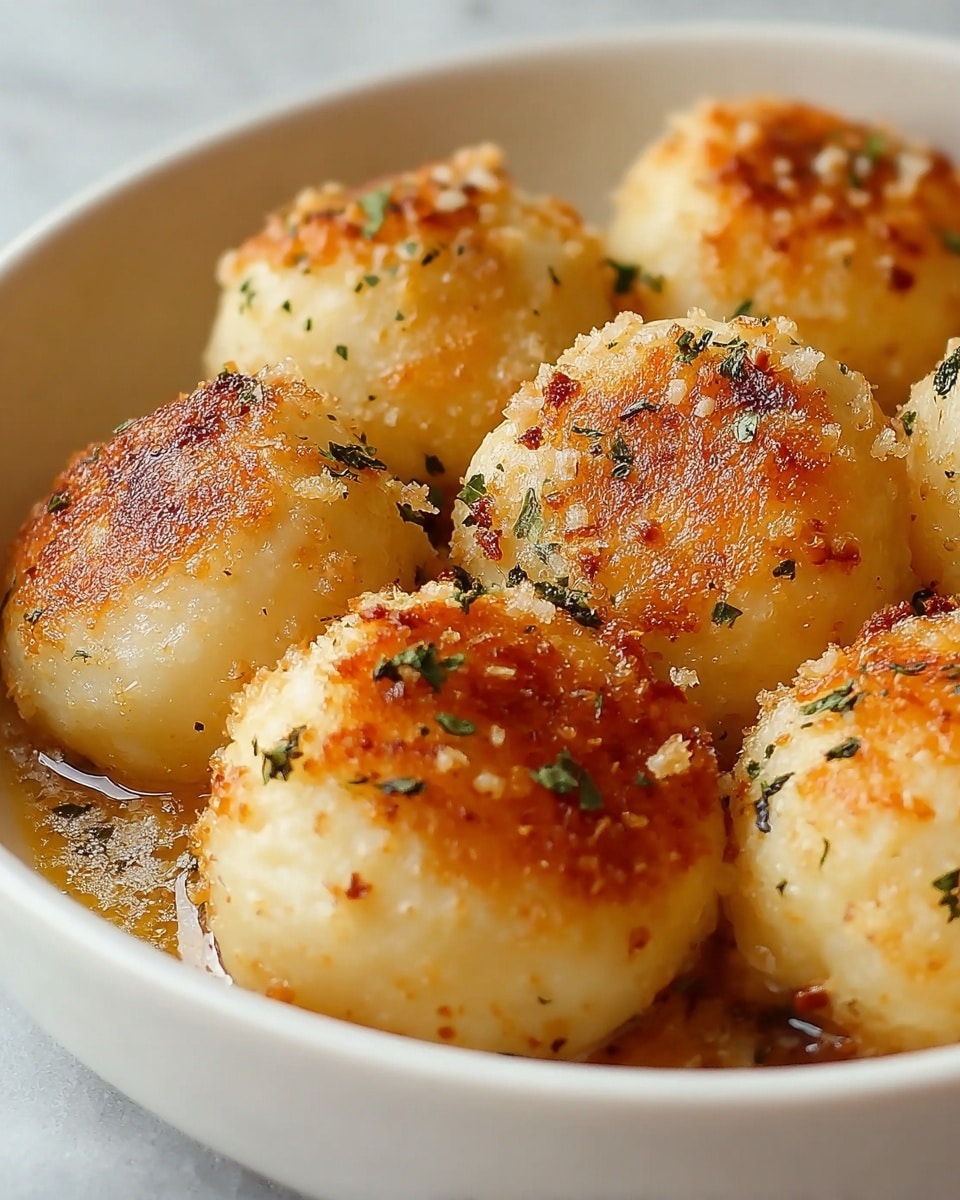 A close-up image shows a white bowl filled with seven round, golden-brown baked balls that have a slightly crispy texture on top. Each ball is lightly sprinkled with small bits of crispy topping and green herbs, giving a toasted and textured look. The balls are packed closely together inside the bowl, resting on a glossy base layer that appears to be a sauce or melted butter. The bowls' white surface contrasts with the warm colors of the baked balls, and the entire scene is set against a softly blurred white marbled texture background. photo taken with an iphone --ar 4:5 --v 7