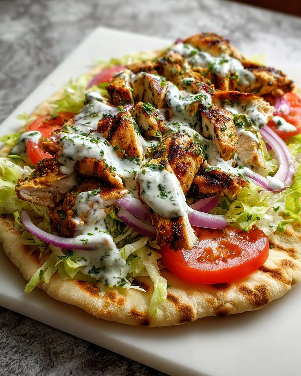 A soft, round flatbread forms the bottom layer, slightly browned with grill marks. On top, there is a bed of shredded light green lettuce, topped with slices of fresh, red tomato wedges and rings of purple onion. Grilled chicken pieces, golden brown with charred edges and sprinkled with green herbs, cover the salad. A thick drizzle of white sauce with green herb bits is spread over the chicken. The dish is served on a clean white square plate against a white marbled texture background. photo taken with an iphone --ar 4:5 --v 7