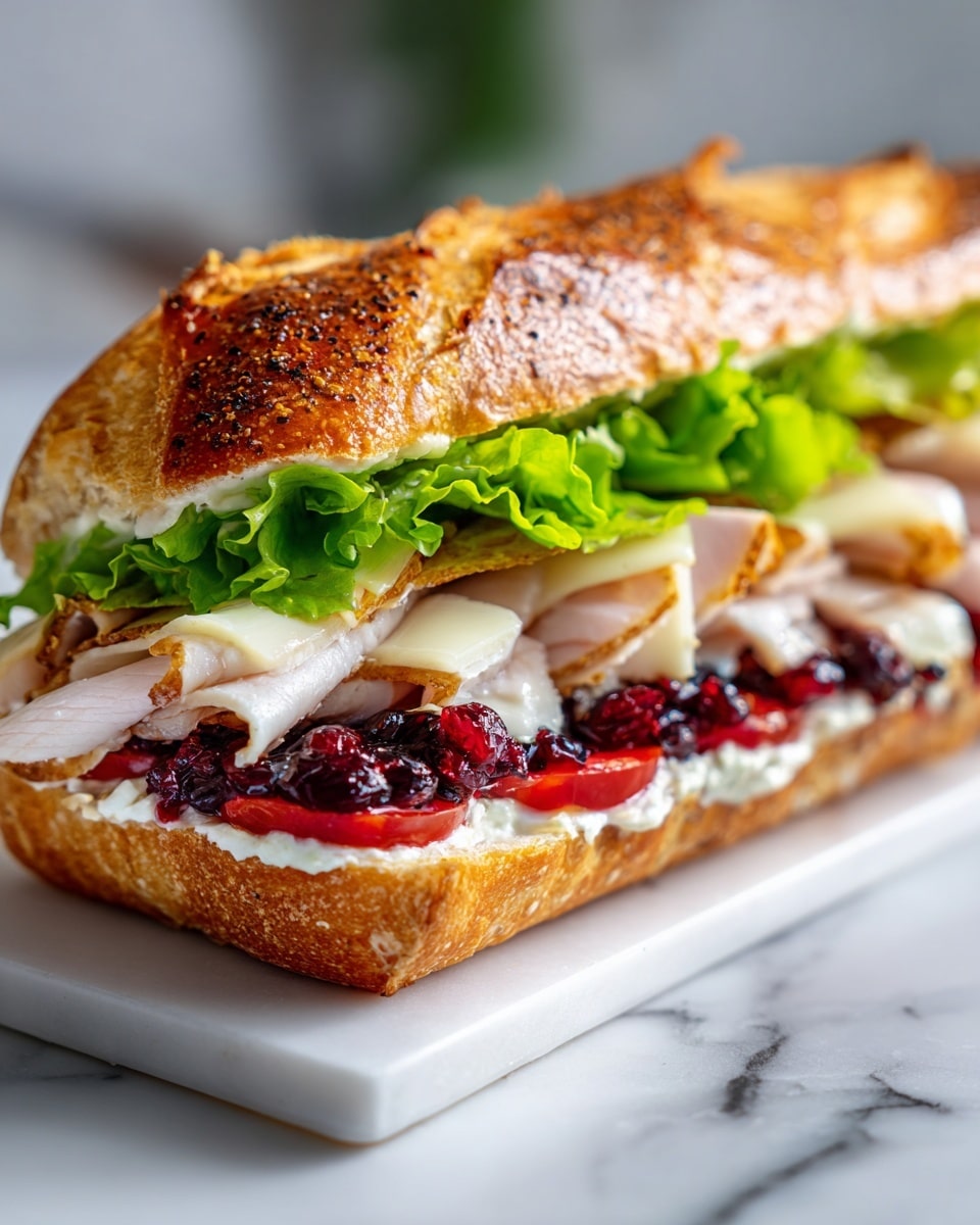 A sandwich with a toasted golden brown baguette that has a slightly crispy texture and visible seasoning on top, split open to show four layers: the bottom layer is fresh green lettuce leaves, followed by slices of red tomato and dark red cranberry sauce, then several thin folded slices of light pink roasted turkey, topped with melted creamy white cheese that is soft and slightly gooey, all sitting on a white rectangular plate with a white marbled surface background. photo taken with an iphone --ar 4:5 --v 7
