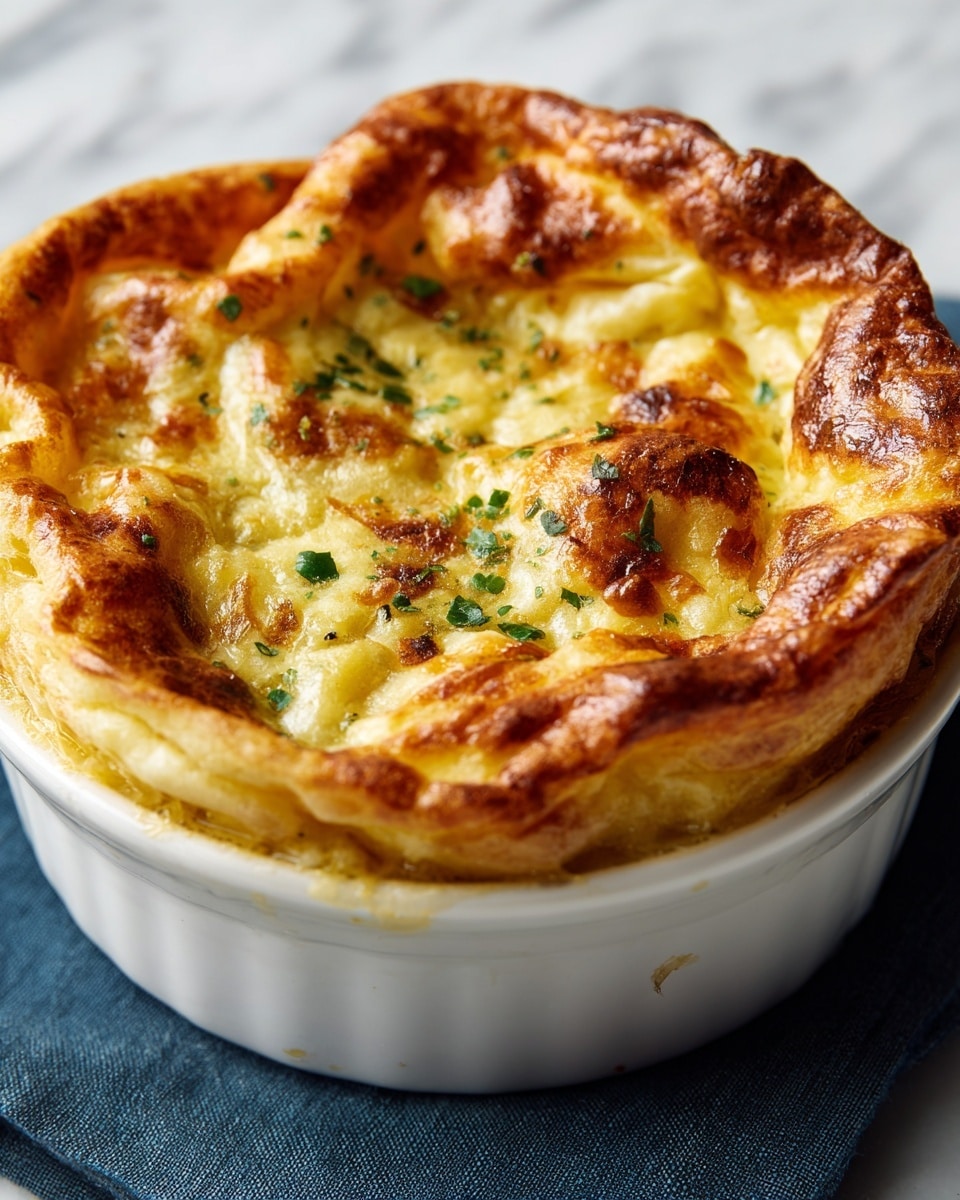 A close-up of a golden-brown baked dish in a white round ramekin, showing a puffy, slightly crisp top with uneven folds and browned spots. The inside reveals a creamy yellow filling mixed with small green herbs and bits of crispy brown, suggesting a savory custard texture beneath the crust. The ramekin sits on a dark blue cloth over a white marbled surface, highlighting the warm tones of the baked dish. Photo taken with an iphone --ar 4:5 --v 7