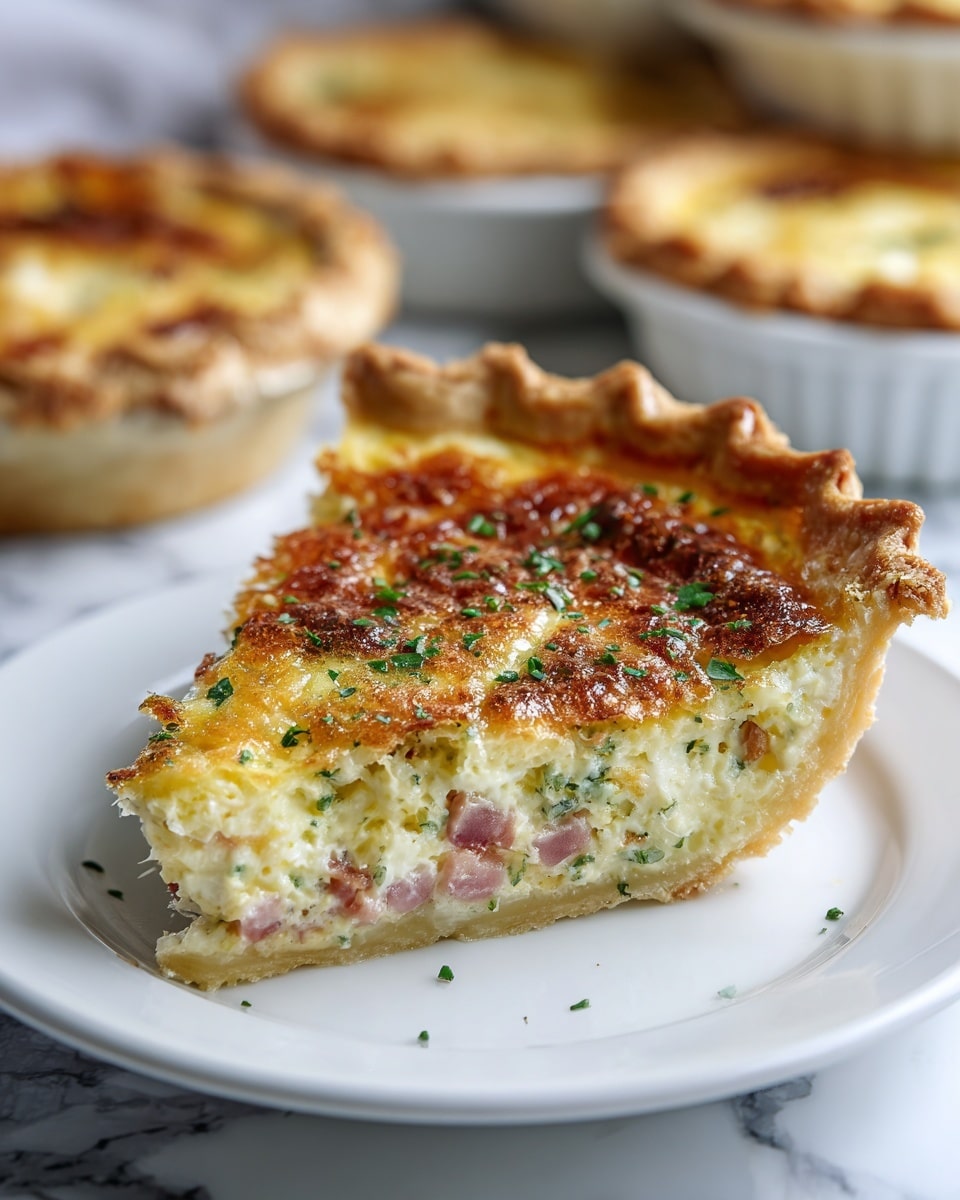A close-up view of a golden-brown quiche slice resting on a white plate, showing about four layers: a crispy, slightly puffed outer crust with a glossy texture, a soft and creamy yellow egg layer just inside the crust, a mixed filling layer with visible bits of green herbs and small pieces of pink ham, and a bottom crust layer holding it all together. The quiche slice has a warm, inviting look with a slightly uneven, textured top. In the blurred background, there are whole quiches in white ramekins. The scene is set on a white marbled surface. photo taken with an iphone --ar 4:5 --v 7