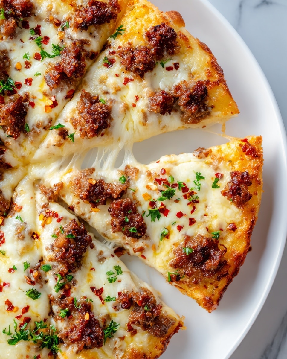 The image shows a close-up of a four-slice pizza on a white plate. The pizza has a crispy golden-brown crust with melted white and yellow cheese spread thickly on top. There are bits of browned sausage scattered evenly across the pizza, along with small green parsley leaves sprinkled on the cheese. Red chili flakes are dotted over the surface, adding a bright red contrast to the cheese and meat. The cheese looks gooey and stretchy especially between a slice being pulled away, creating a melted connection. The white plate and white marbled surface beneath help to highlight the colors of the pizza toppings clearly. photo taken with an iphone --ar 4:5 --v 7