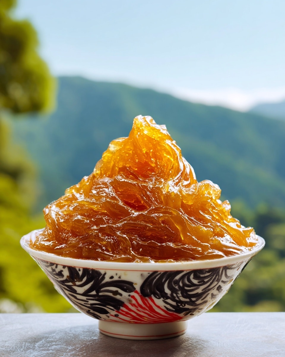 A close-up image of a bowl filled with a thick golden-brown jelly-like substance that has a shiny, sticky texture. The jelly is piled high in uneven layers, creating a mountain shape with small peaks and valleys. The bowl has a white base with artistic black and red patterns around its outside. The background shows a blurred view of green hills and blue sky. Photo taken with an iphone --ar 4:5 --v 7