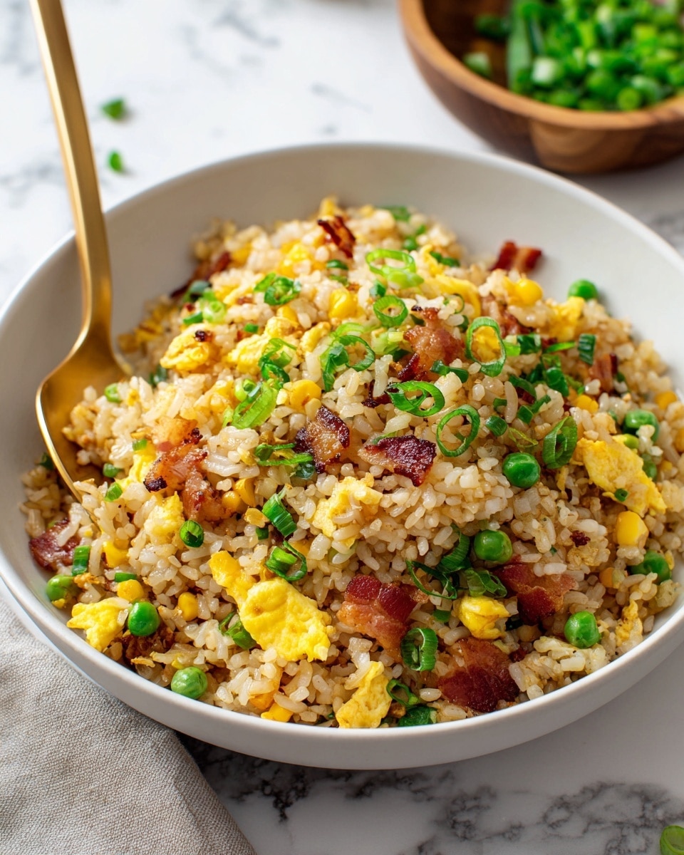 A white bowl filled with fried rice showing a mix of light brown rice grains, bright yellow scrambled egg pieces, small green peas, yellow corn kernels, and crispy reddish-brown bacon bits. Thinly sliced green onions are scattered on top, adding fresh green color. A shiny gold spoon rests inside the bowl, partially buried in the rice. In the background, there is a wooden bowl with more sliced green onions on a white marbled surface. photo taken with an iphone --ar 4:5 --v 7