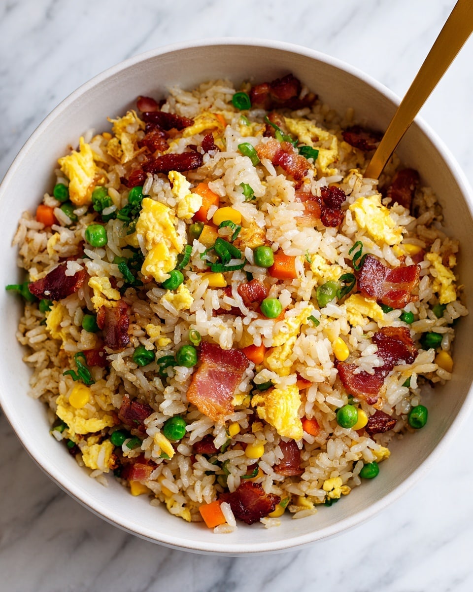 A close-up view of a bowl of fried rice with several visible layers and ingredients. The bottom layer consists of golden-brown cooked rice mixed with small pieces of green peas, yellow corn, and orange carrot bits, creating a colorful base. Scattered throughout the rice are chunks of fluffy yellow scrambled eggs and small, reddish-brown pieces of cooked bacon, adding texture and richness. A gold spoon is placed inside the bowl, partially submerged in the rice. The bowl itself is white and placed on a white marbled surface. photo taken with an iphone --ar 4:5 --v 7