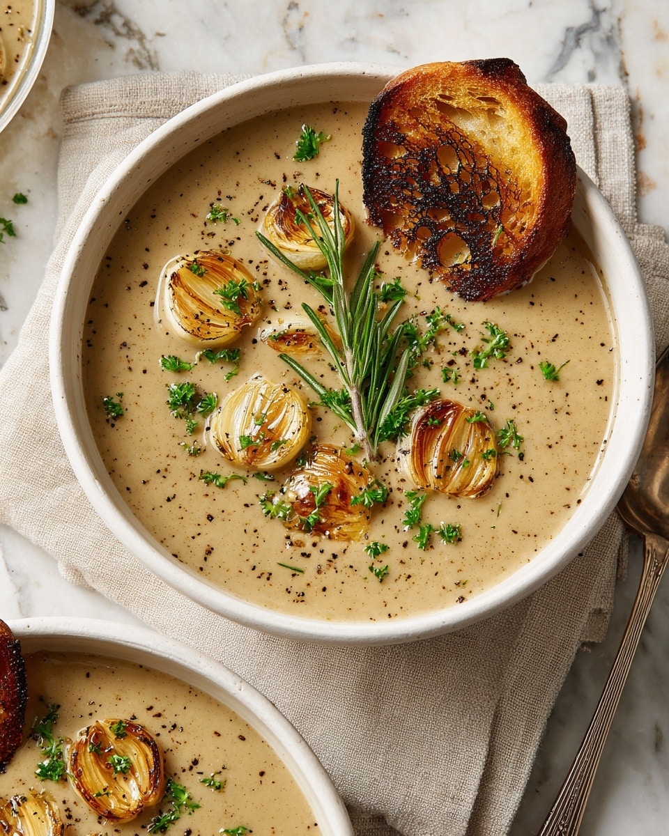 A white ceramic bowl filled with creamy beige soup that has a smooth texture, topped with small roasted garlic cloves, fresh green parsley pieces, black pepper specks, and a sprig of bright green rosemary placed in the center. A single piece of toasted bread with dark golden brown, slightly charred edges rests on the rim of the bowl. The bowl sits on a light beige cloth napkin, all placed on a white marbled surface. Another similar bowl with the same soup and toppings is partially visible in the background, along with a silver spoon to the right of the main bowl. Photo taken with an iphone --ar 4:5 --v 7