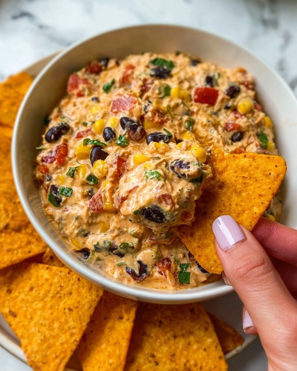 A close-up image of a white bowl filled with a creamy mixture that has a soft texture and contains visible layers of black beans, red diced tomatoes, yellow corn, and green herbs, all mixed together in a light orange creamy base. The bowl also holds several crispy orange tortilla chips arranged around the creamy mix. A woman's hand with light pink nail polish is holding one of the chips, dipped and covered with a chunky scoop of the creamy mixture. The background is a white marbled texture. photo taken with an iphone --ar 4:5 --v 7