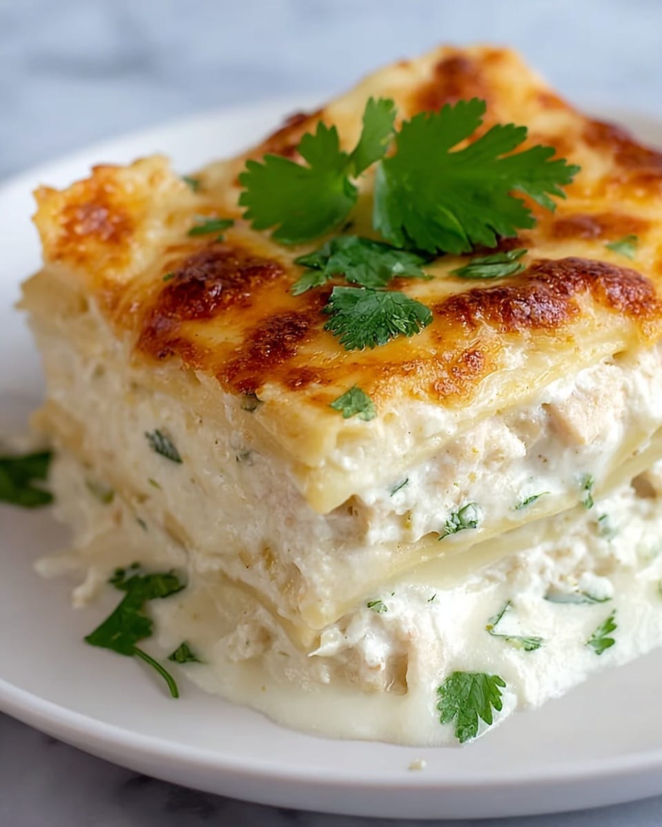 A close-up of a creamy white lasagna slice served on a white plate, showing three visible layers of pasta sheets separated by thick, smooth white sauce mixed with small green herb bits. The top layer is a golden-brown melted cheese layer with bubbly, slightly crispy spots. Fresh green cilantro leaves decorate the top center, adding a fresh touch. The background is a white marbled texture. photo taken with an iphone --ar 4:5 --v 7