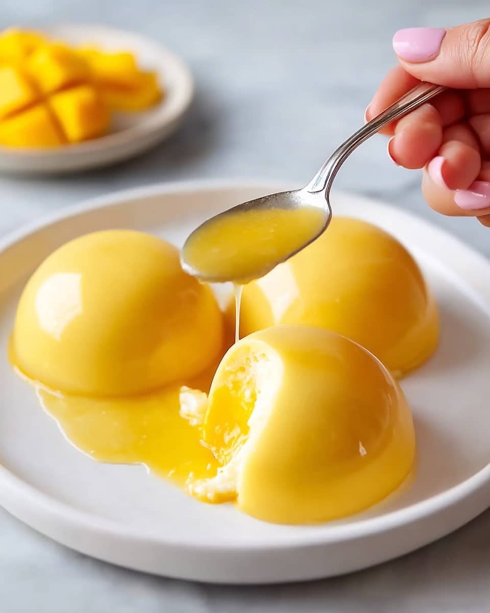 Three smooth, shiny yellow pudding domes sit side by side on a white plate, with one dome partially cut open, showing a soft, creamy interior that is slightly lighter yellow. A silver spoon held by a woman's hand with light pink nails lifts a spoonful of the pudding, displaying its creamy texture. A small pool of the pudding’s glossy sauce spreads around the plate. The background shows a blurred hint of yellow pieces on a white marbled surface. Photo taken with an iphone --ar 4:5 --v 7