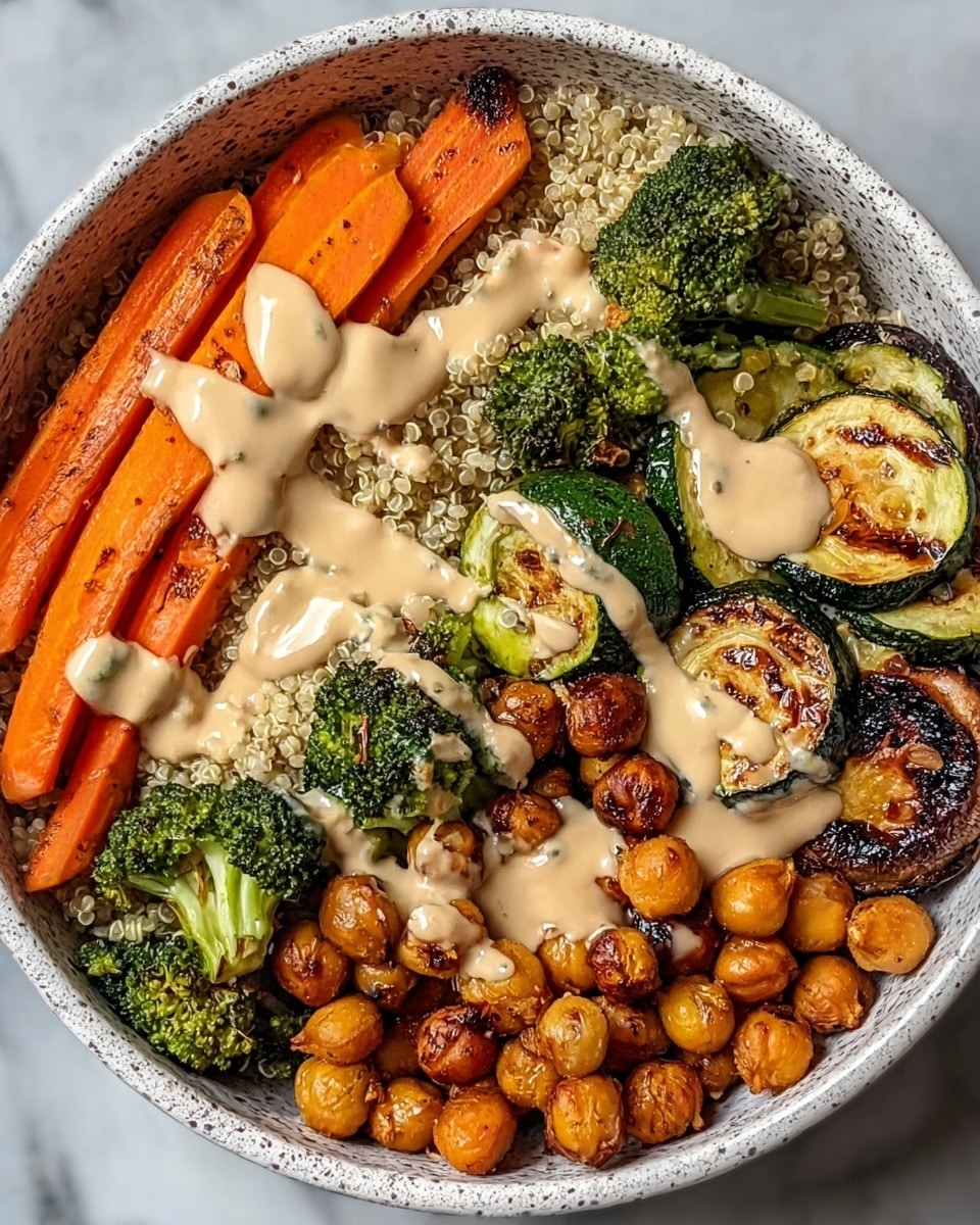 The dish is served in a white bowl with a speckled design on the outside, placed on a white marbled surface. Inside, the bottom layer is a bed of light beige quinoa visible under the toppings. On one side, there are bright orange sliced carrots arranged in neat rows. Next to them, there are green broccoli florets with some darkened crisp edges, adding texture. Moving along, there are grilled round slices of zucchini, showing browned char marks on their light green skin and pale interior. Finally, golden brown chickpeas with a slightly crispy texture are scattered over the quinoa and vegetables. The whole dish is topped with creamy beige sauce drizzled unevenly over the chickpeas, broccoli, and zucchini, creating a rich contrast against the colorful vegetables. The photo is taken with an iphone --ar 4:5 --v 7