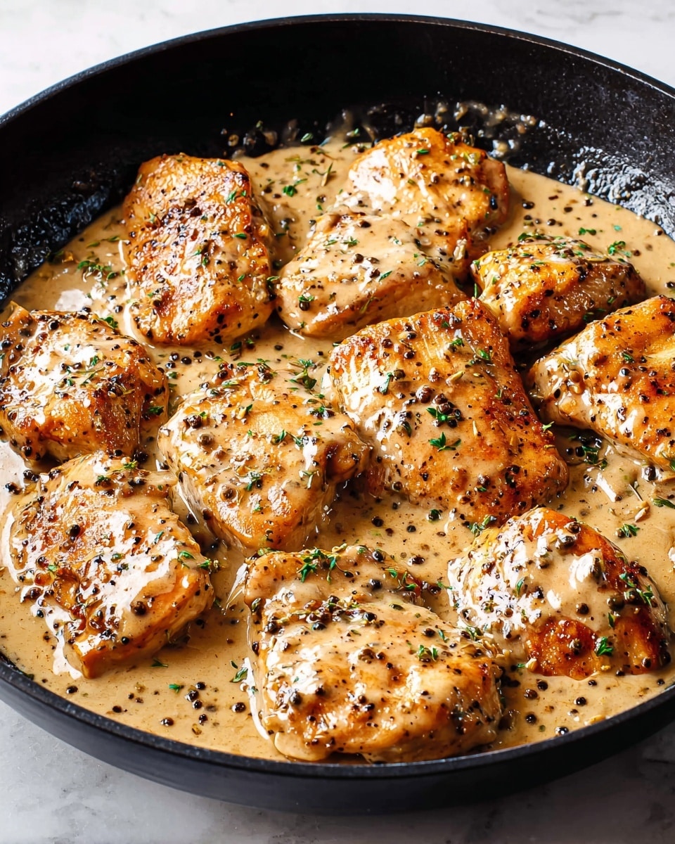 In a black cast iron pan, there are several cooked chicken pieces covered in a creamy light brown sauce. The chicken pieces are golden brown with slightly crispy edges and are seasoned with black pepper and herbs. The sauce is thick and glossy, with visible small bits of black pepper and green herbs scattered throughout. The chicken pieces are laid close together, partially submerged in the sauce, giving a rich and appetizing look. The pan sits on a white marbled surface. photo taken with an iphone --ar 4:5 --v 7