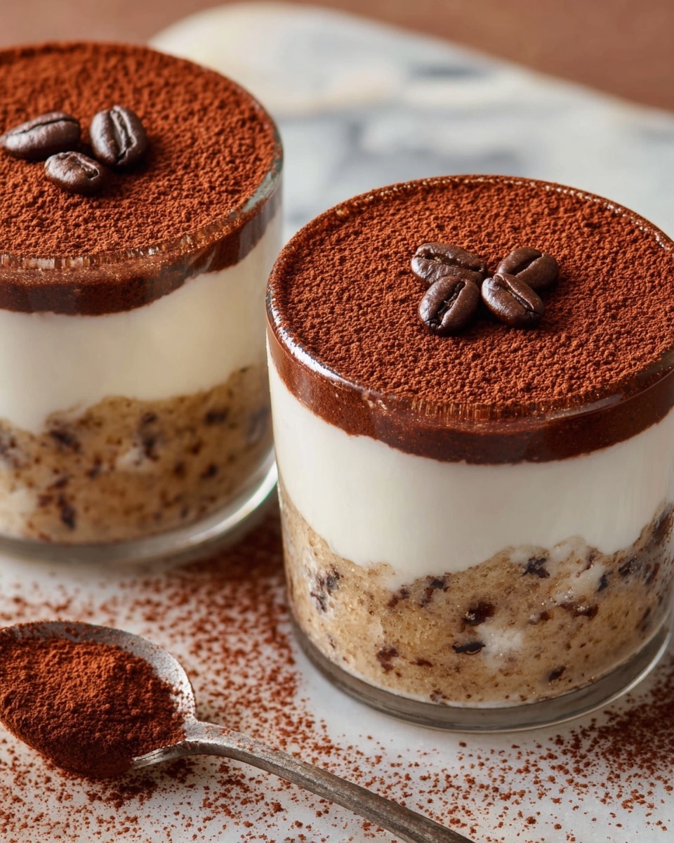 Two small glass cups of layered dessert sit side by side on a white marbled surface with scattered cocoa powder around. Each dessert has three visible layers: a bottom layer of light brown coffee-soaked cake with tiny dark specks, a middle thick layer of smooth white cream, and a top thick dark brown cocoa powder layer dusted evenly. The edges of the top layer are neatly rounded, and three small, oval cocoa-coated coffee beans decorate the center of each cup. A silver spoon dusted with cocoa powder lies nearby, adding a rustic touch. Photo taken with an iphone --ar 4:5 --v 7
