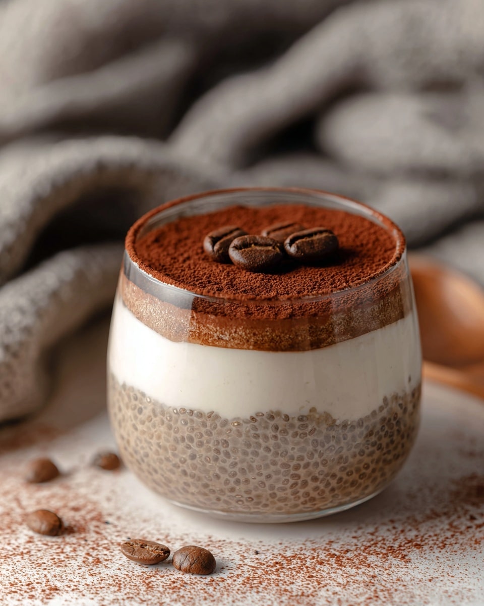 A clear glass cup with three distinct layers sits on a white marbled surface lightly dusted with cocoa powder and scattered coffee beans. The bottom layer is thick and speckled with chia seeds in a light brown creamy mixture. Above it is a smooth, bright white creamy layer. The top layer is dark brown cocoa powder dusted evenly with a slightly rough texture, decorated with three coffee beans covered in cocoa powder placed in the center. The background has soft blankets in muted gray and brown colors. Photo taken with an iphone --ar 4:5 --v 7