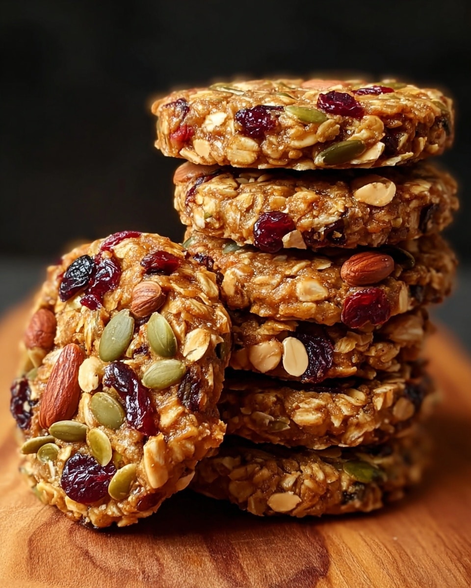 A close-up view shows a stack of seven round oatmeal cookies with visible textures of oats, nuts, and dried fruits. Each cookie has a golden-brown base dotted with pumpkin seeds, almonds, peanuts, and dark red dried cranberries, making a colorful mix. The cookies look thick and chewy with a rough surface full of oats and nuts, with one cookie leaning against the stack, showing its full round shape and the nut and fruit decoration clearly. The cookies are on a wooden surface with a dark background, making the warm colors of the cookies stand out. photo taken with an iphone --ar 4:5 --v 7
