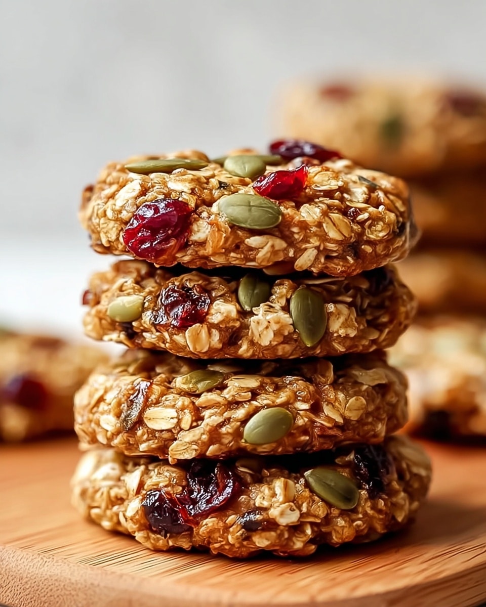 A close-up view of a stack of four round oatmeal cookies placed on a wooden board with a white marbled background. Each cookie has a rough texture with visible oat flakes, green pumpkin seeds, and red dried cranberries embedded on the surface. The cookies have a golden-brown color with a slightly shiny finish, indicating a soft, chewy texture. The layers are thick and evenly rounded, showing natural bumps from the oats and seeds. The cookie stack is slightly leaning, with another blurred stack in the background. photo taken with an iphone --ar 4:5 --v 7