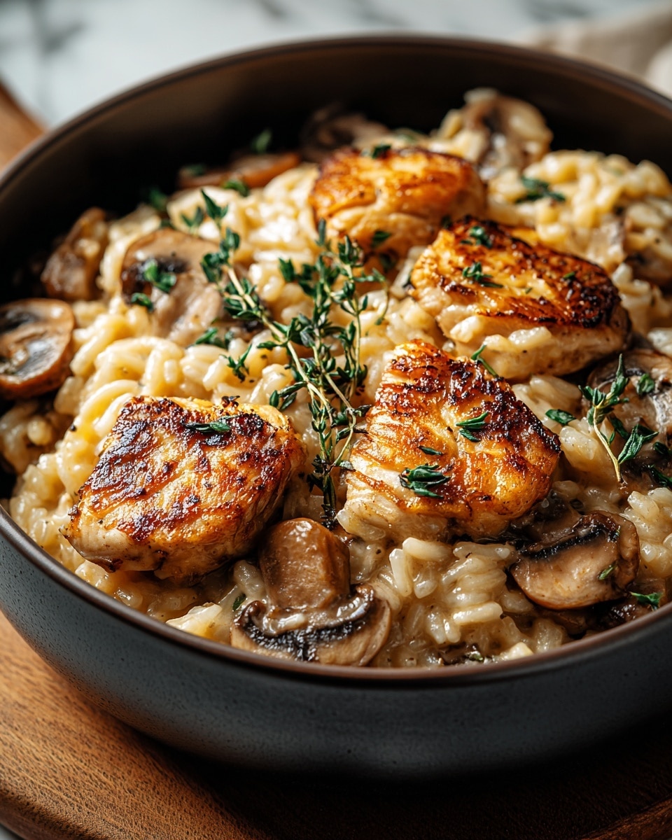 A close-up view of a dark bowl filled with a creamy risotto mixed with small, shiny pasta pieces and slices of cooked mushrooms. On top of the risotto, there are four golden-brown grilled chicken pieces with crispy edges, sprinkled with fresh green thyme leaves. The dish sits on a light wooden board set against a white marbled textured background, creating a warm and inviting look. photo taken with an iphone --ar 4:5 --v 7