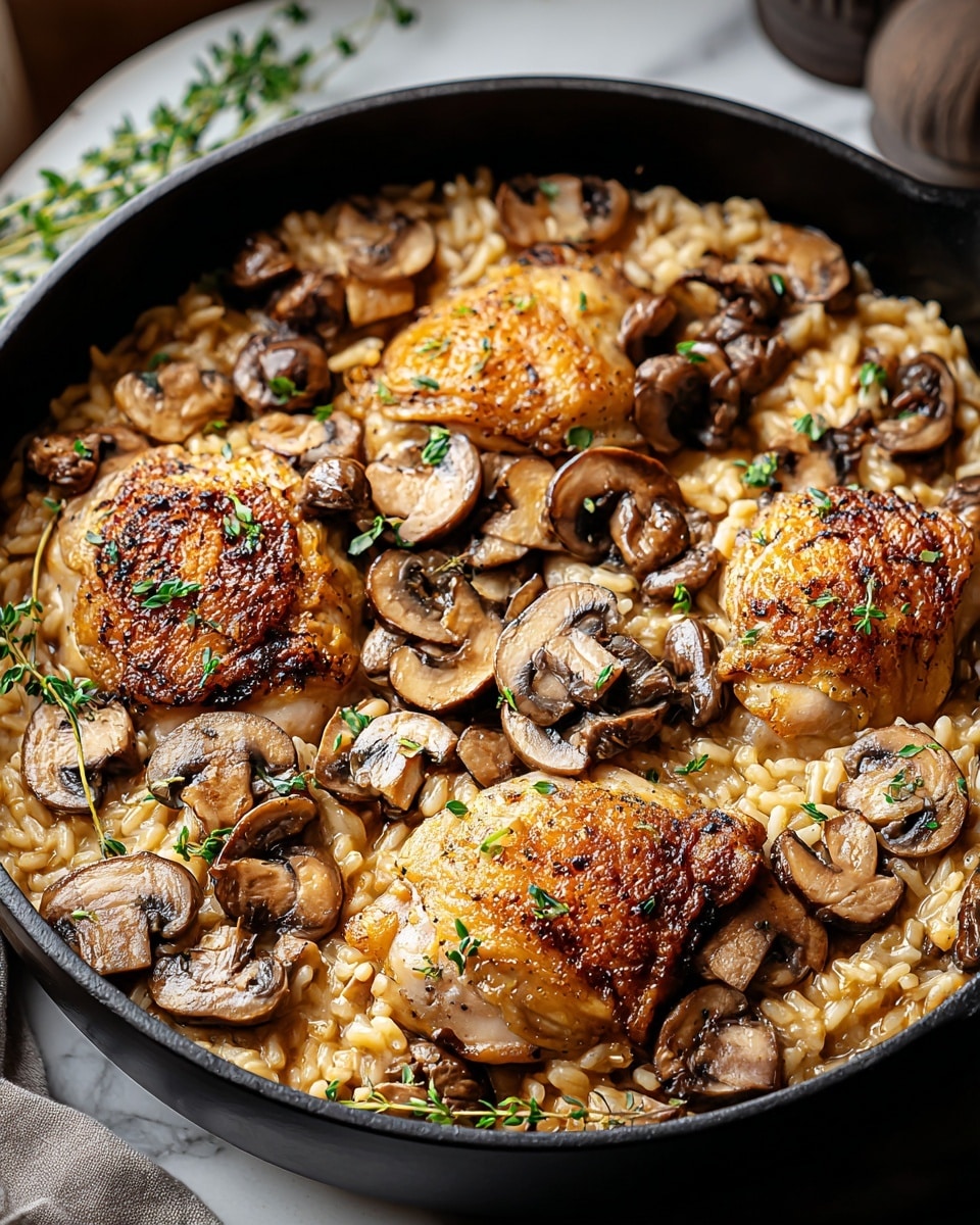 A large black skillet filled with a creamy rice dish topped with four golden brown, crispy chicken thighs. Scattered on top are sliced, cooked mushrooms in different shades of brown and garnished with small sprigs of fresh green herbs. The rice beneath is a light tan color, mixed with the sauce and bits of seasoning, creating a rich texture. The skillet sits on a white marbled surface, with soft natural light highlighting the juicy, tender chicken and earthy mushrooms. Photo taken with an iphone --ar 4:5 --v 7