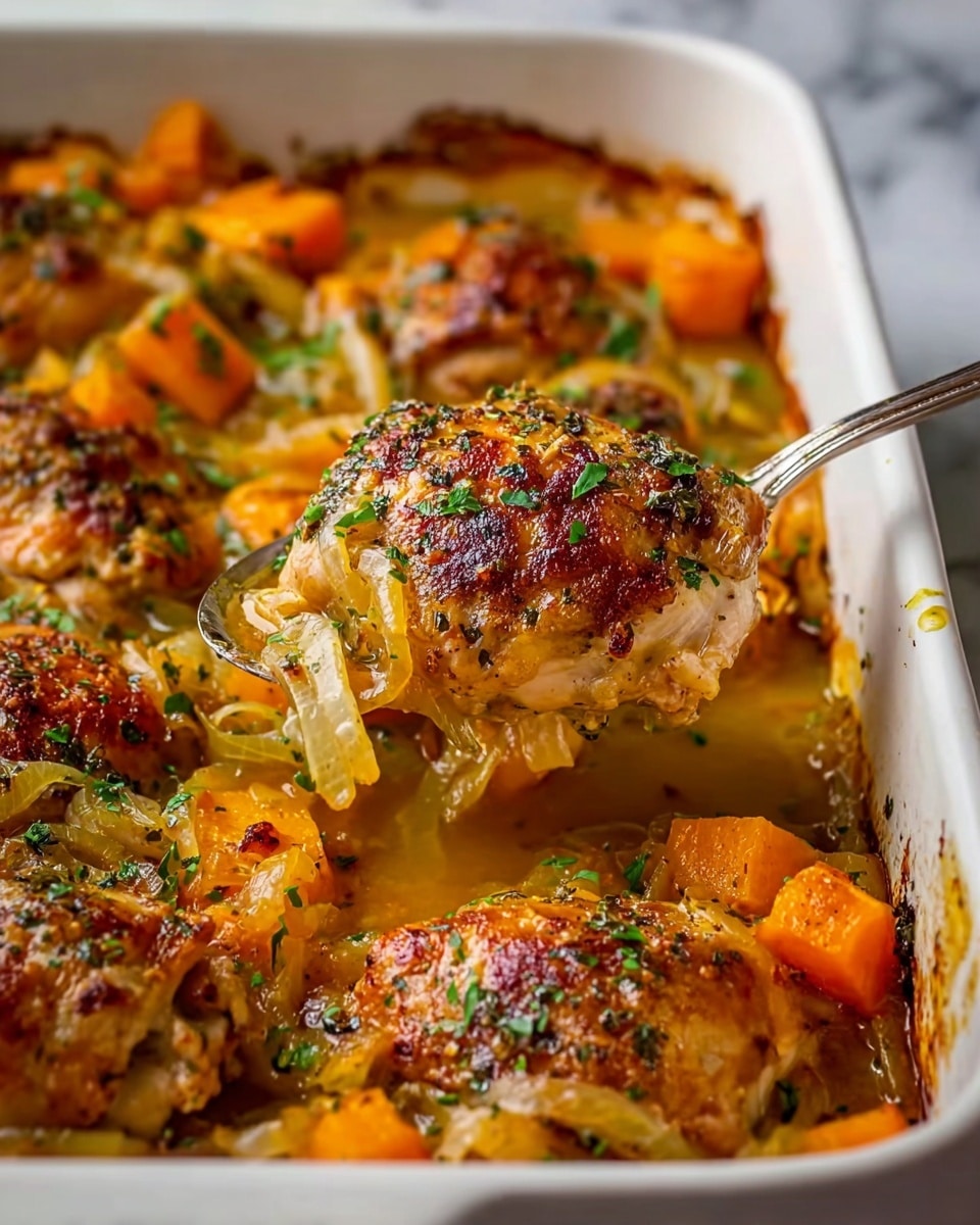 The image shows a white baking dish filled with golden brown cooked chicken pieces on top of a sauce with chunks of bright orange vegetables, likely carrots or squash. The chicken has a crispy texture on the top and is sprinkled with green herbs. There are layers of caramelized onions and a rich, creamy-looking sauce around the chicken and vegetables. A silver spoon lifts one piece of chicken along with some vegetables and sauce, showing the juicy and tender inside of the dish. The dish is set on a white marbled surface. photo taken with an iphone --ar 4:5 --v 7