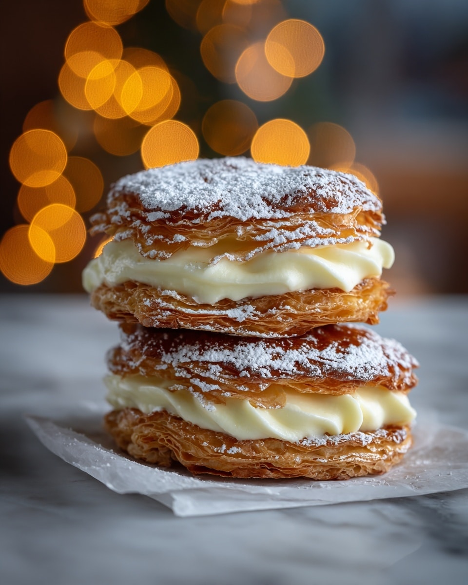 Three layers of thin, crispy golden-brown flaky pastry are stacked, with two layers of thick, smooth white cream filling between them. The top pastry is dusted evenly with powdered sugar, adding a light dusting of white against the shiny caramel-like surface. The stack sits on a piece of white parchment paper placed on a white marbled texture. Soft yellow bokeh lights glow softly in the blurred background, giving a warm and cozy feel. photo taken with an iphone --ar 4:5 --v 7