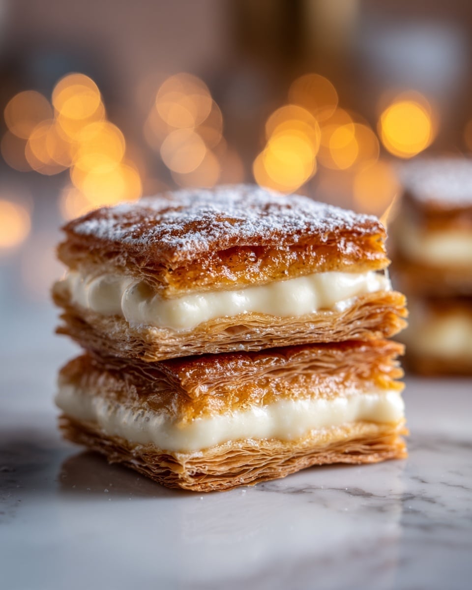 A close-up image of a stack of three layers where each layer has a golden brown, crispy, flaky pastry sheet with a caramelized, slightly shiny texture on top. Between each pastry layer is a thick, creamy white filling that looks smooth and soft. The top layer is dusted with a light powder of white sugar. This stack sits on a white marbled surface with warm golden bokeh lights softly glowing in the blurred background, adding a cozy feel to the scene. photo taken with an iphone --ar 4:5 --v 7