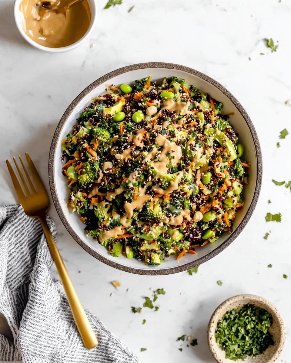 A white bowl with a dark rim is filled with a colorful mixed salad that has multiple layers, including finely chopped green vegetables like broccoli and edamame, orange carrot bits, and dark grains or seeds scattered throughout; on top, there is a light brown dressing drizzled over the salad, with small pieces of chopped nuts and some sesame seeds adding texture. Around the bowl, there are fresh green herb leaves sprinkled on the white marbled surface, with a small bowl of chopped herbs below and a gold fork placed to the left side. A striped cloth is partially visible under the fork. photo taken with an iphone --ar 4:5 --v 7
